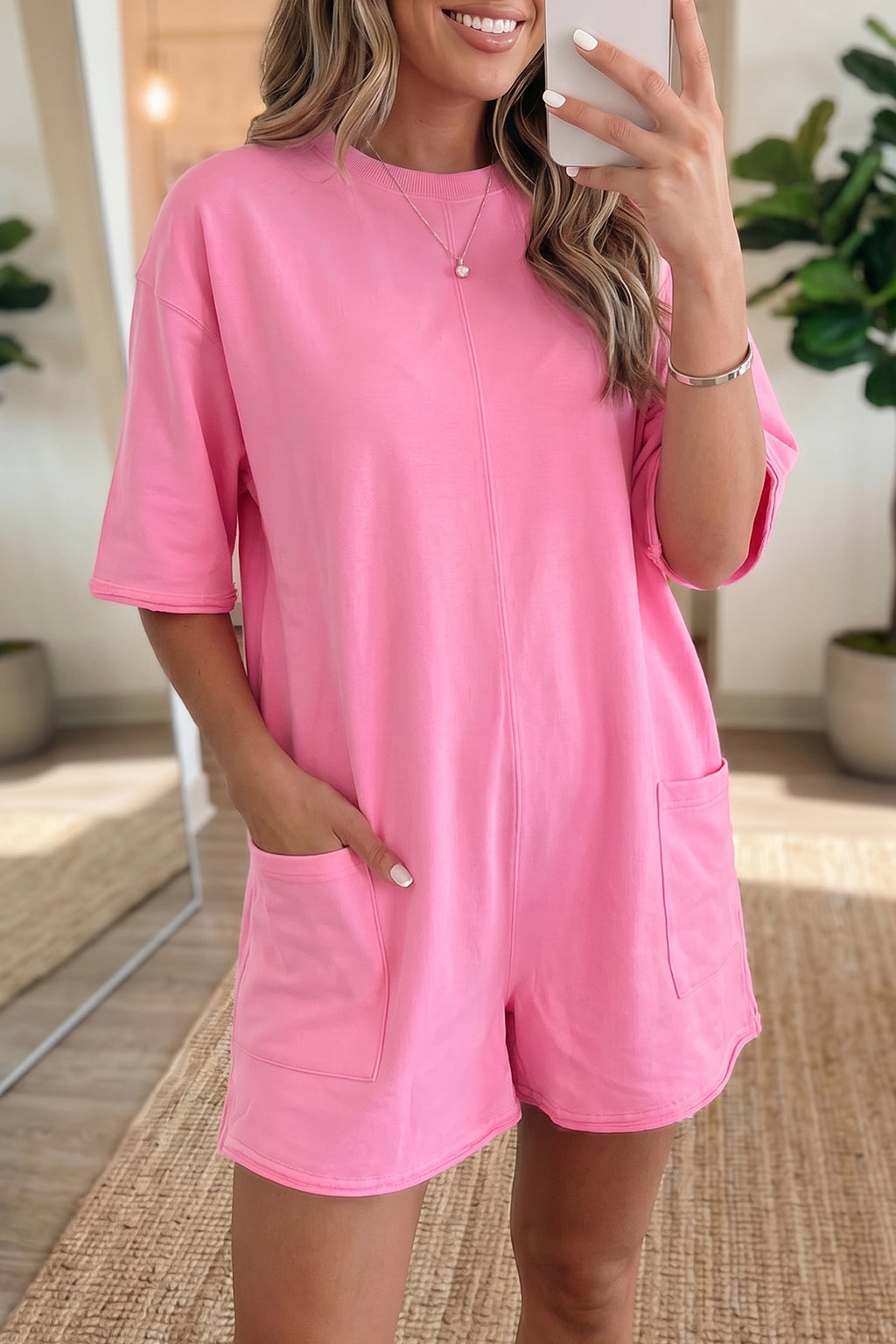 Solid Colour Raw Edge Half Sleeve Pocketed Loose Romper | Green, Pink & Red | UK 8-22