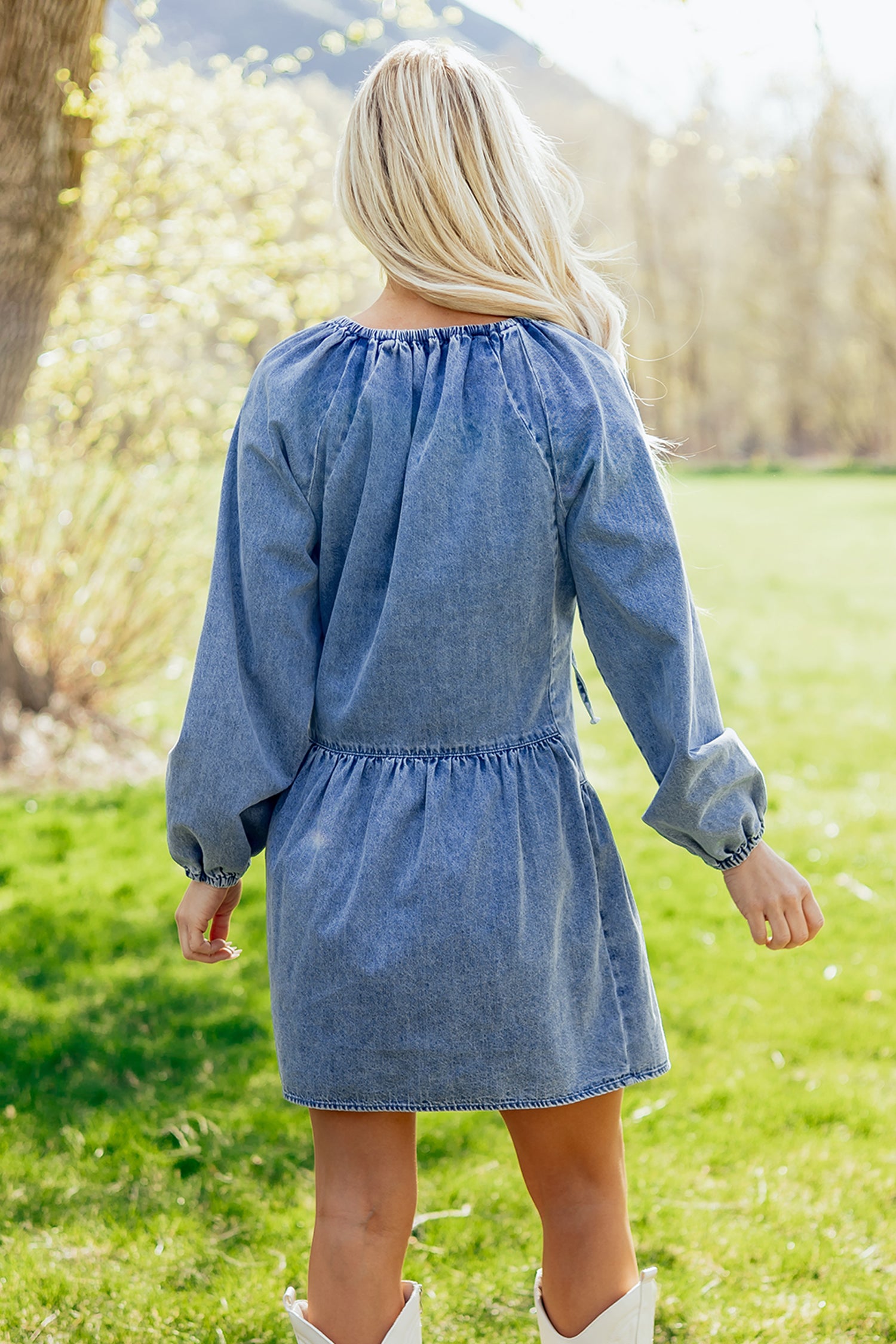 LivelyLooks Blue Denim Puff Sleeve V-Neck Ruffled Mini Dress women's fashion
