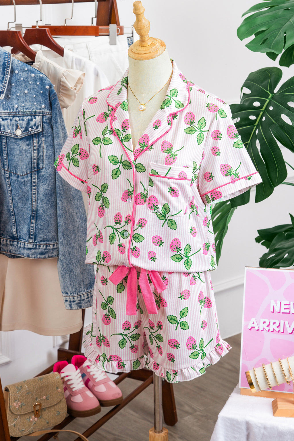 Women's Pink Strawberry Stripe Pyjama Set Short Sleeve Shirt & Shorts at LivelyLooks