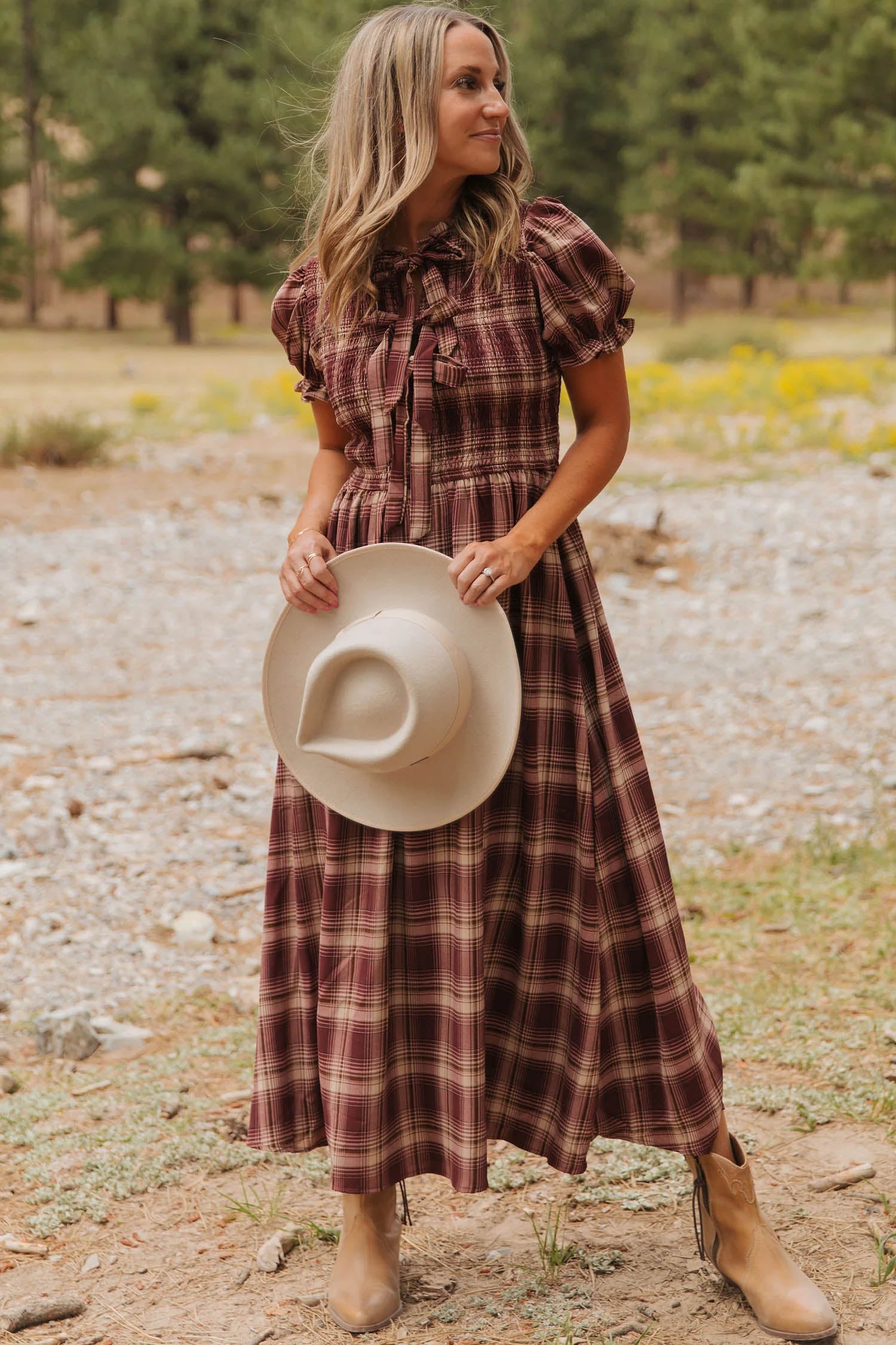 Red Vintage Plaid Knot Front Smocked High Waist Midi Dress S-XL