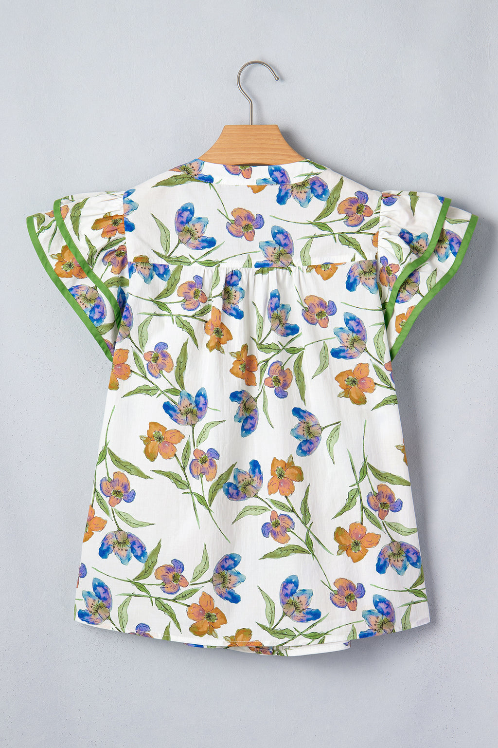 Women's Green Floral Ruffle V-Neck Pressed Pleats Cotton Blouse at LivelyLooks