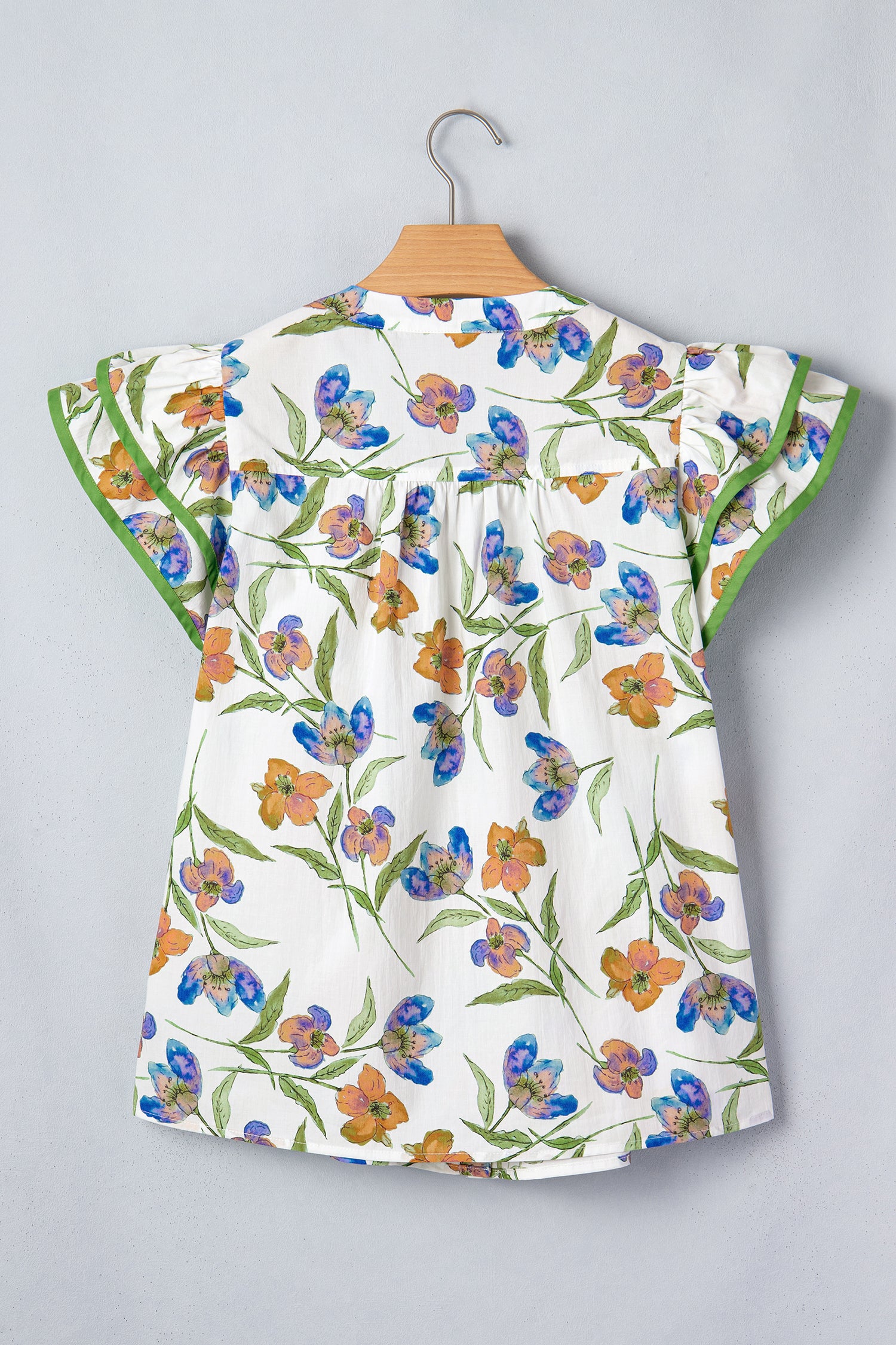 Women's Green Floral Ruffle V-Neck Pressed Pleats Cotton Blouse at LivelyLooks
