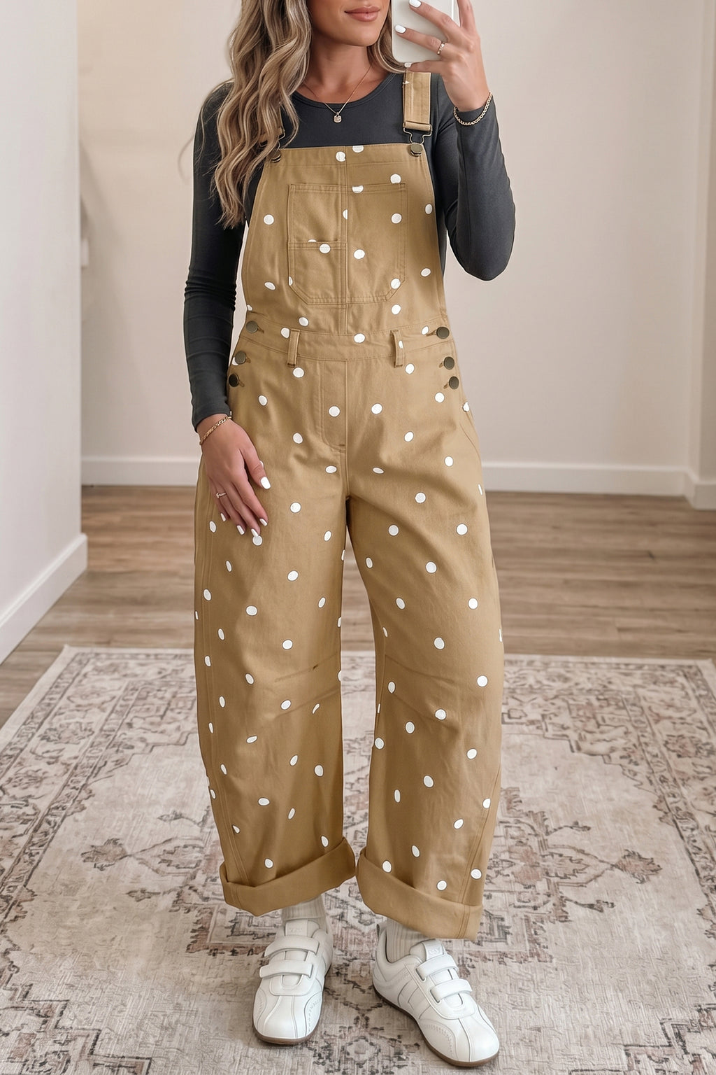 Polka Dot Denim Barrel Overalls Jumpsuit | Cream Beige Pink UK 8–22
