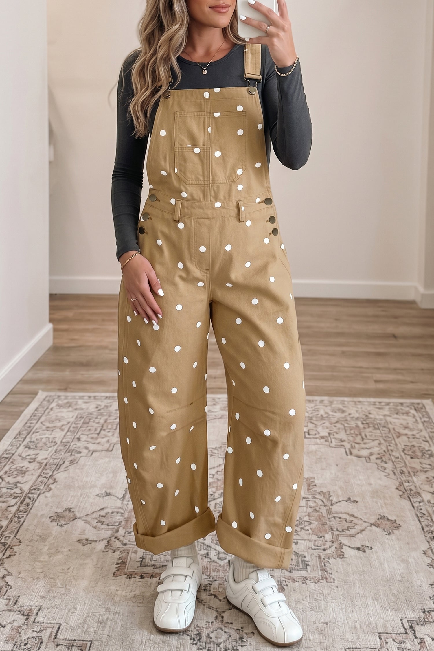 Polka Dot Denim Barrel Overalls Jumpsuit | Cream Beige Pink UK 8–22