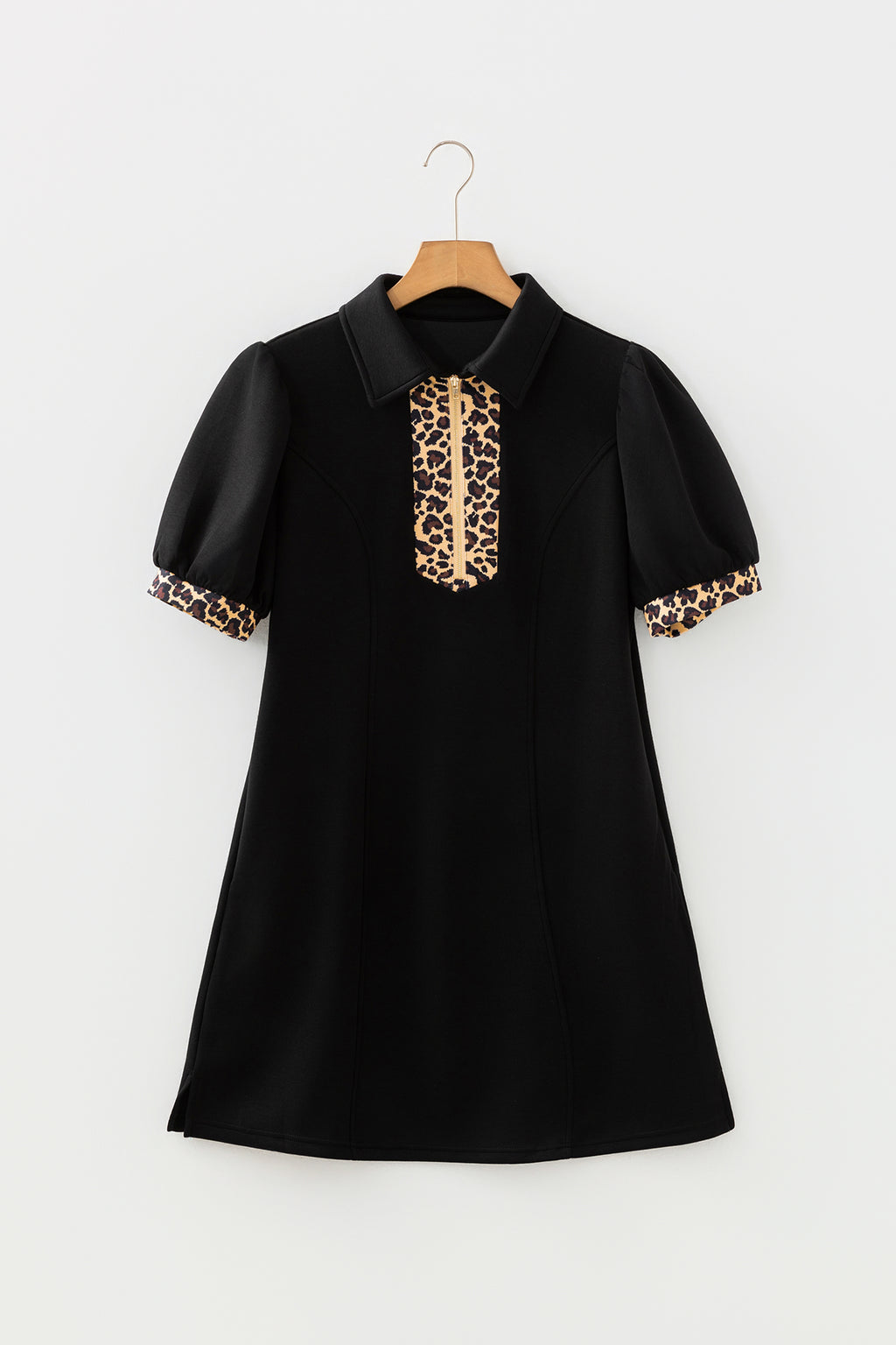 Women's Black Leopard Patchwork Zip Collared Short Puff Sleeve Shift Mini Dress at LivelyLooks