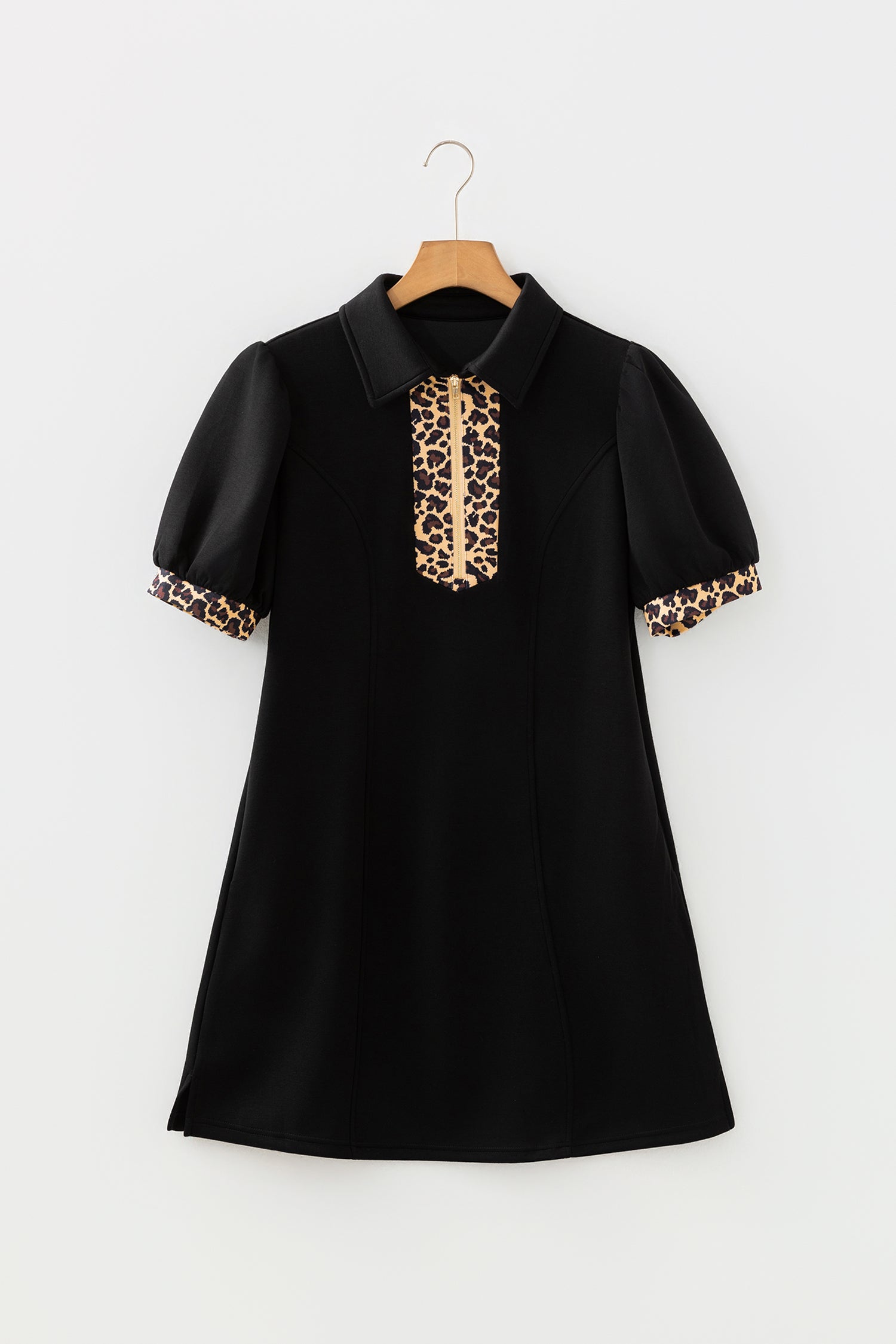 Women's Black Leopard Patchwork Zip Collared Short Puff Sleeve Shift Mini Dress at LivelyLooks
