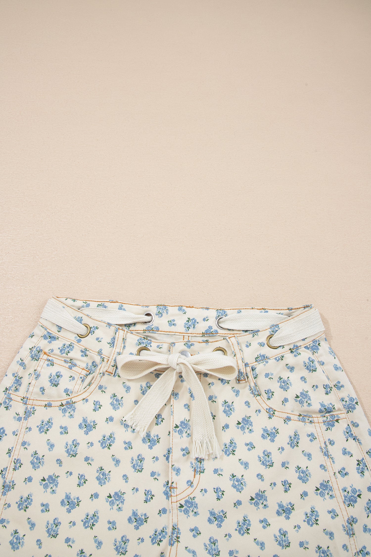 Beige Grommet Knot Waist Floral Barrel Leg Jeans | UK 8–18