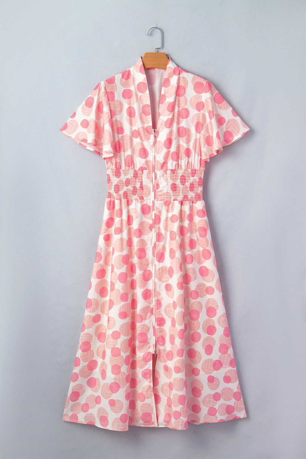Women's Pink Polka Dot Ruffle Short Sleeve Zip-Up Maxi Dress at LivelyLooks
