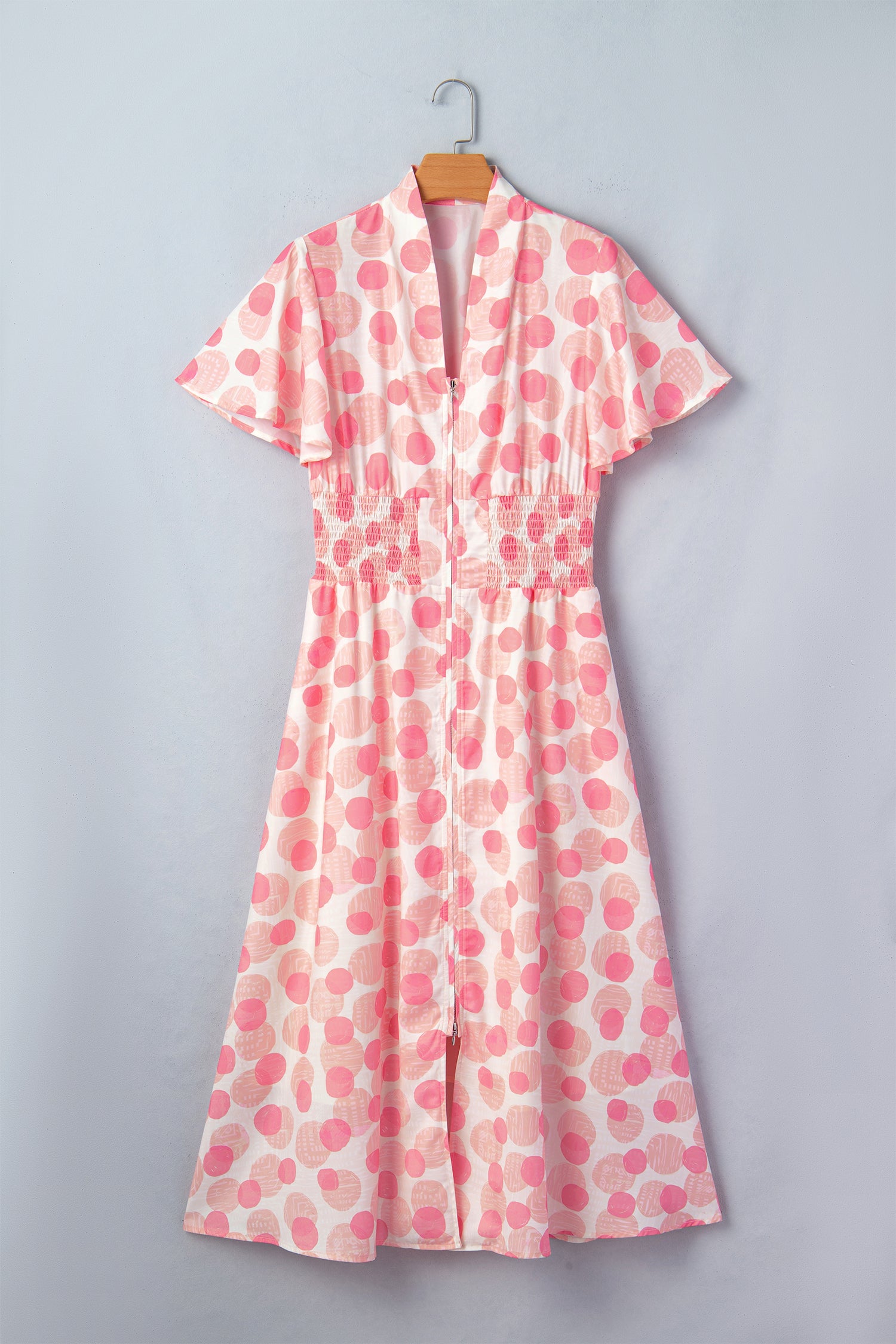 Women's Pink Polka Dot Ruffle Short Sleeve Zip-Up Maxi Dress at LivelyLooks