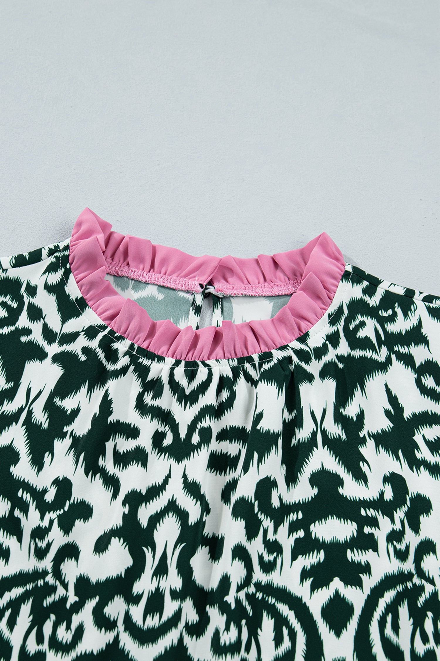Shop Green Damask Print Ruffled Color Block Detail Half Sleeve Blouse at LivelyLooks