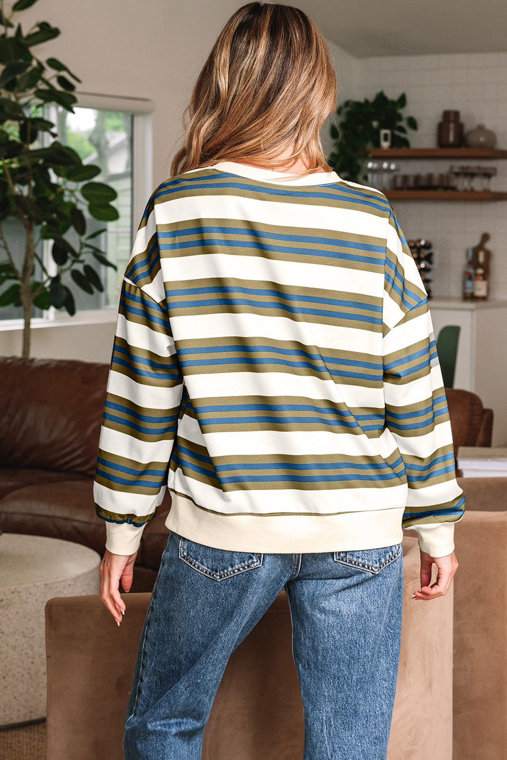 Khaki & Brown Stripe Crew Neck Drop Shoulder Pullover Sweatshirt