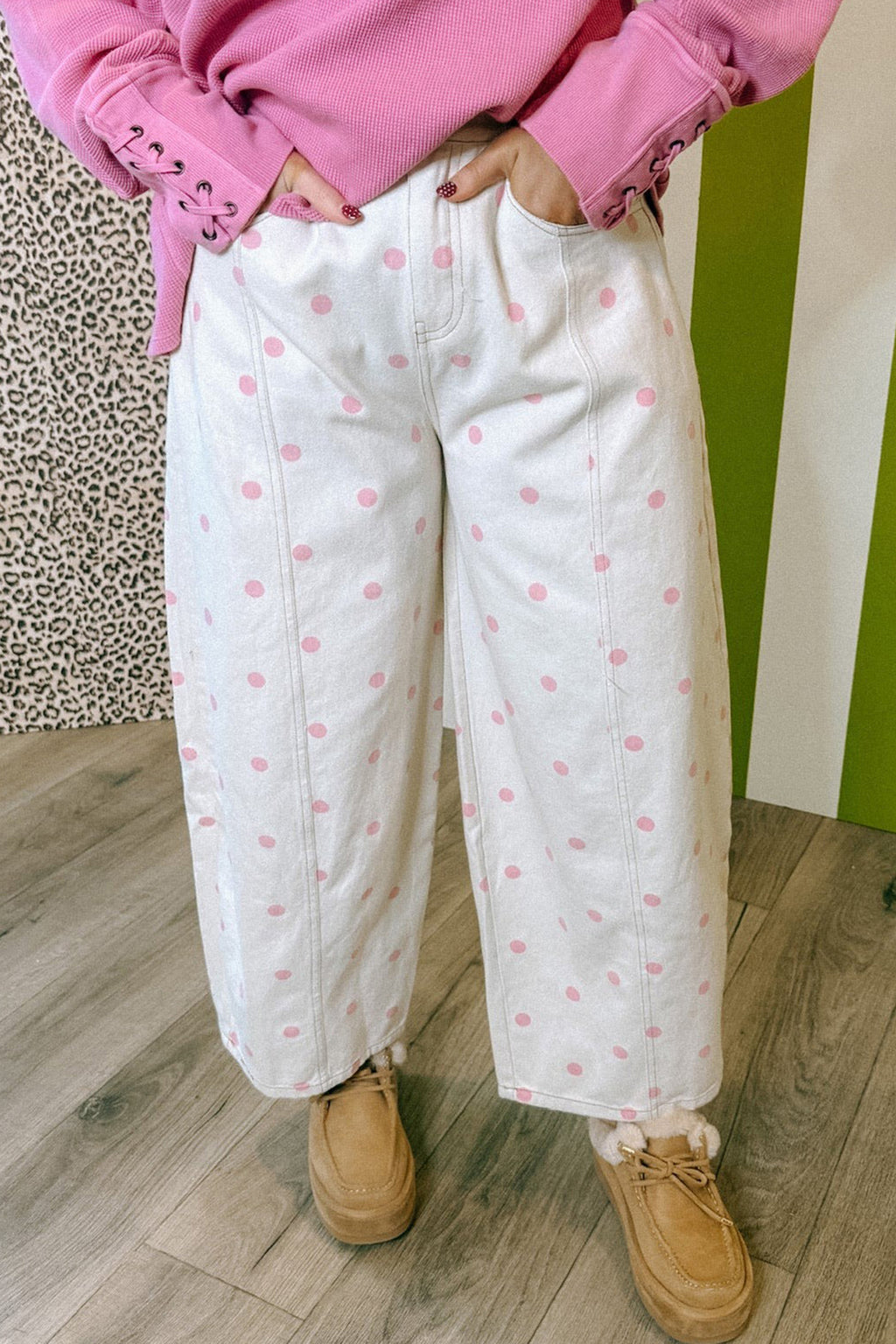 Polka Dot Ankle Length Regular Fit Casual Jeans | Blue & Pink
