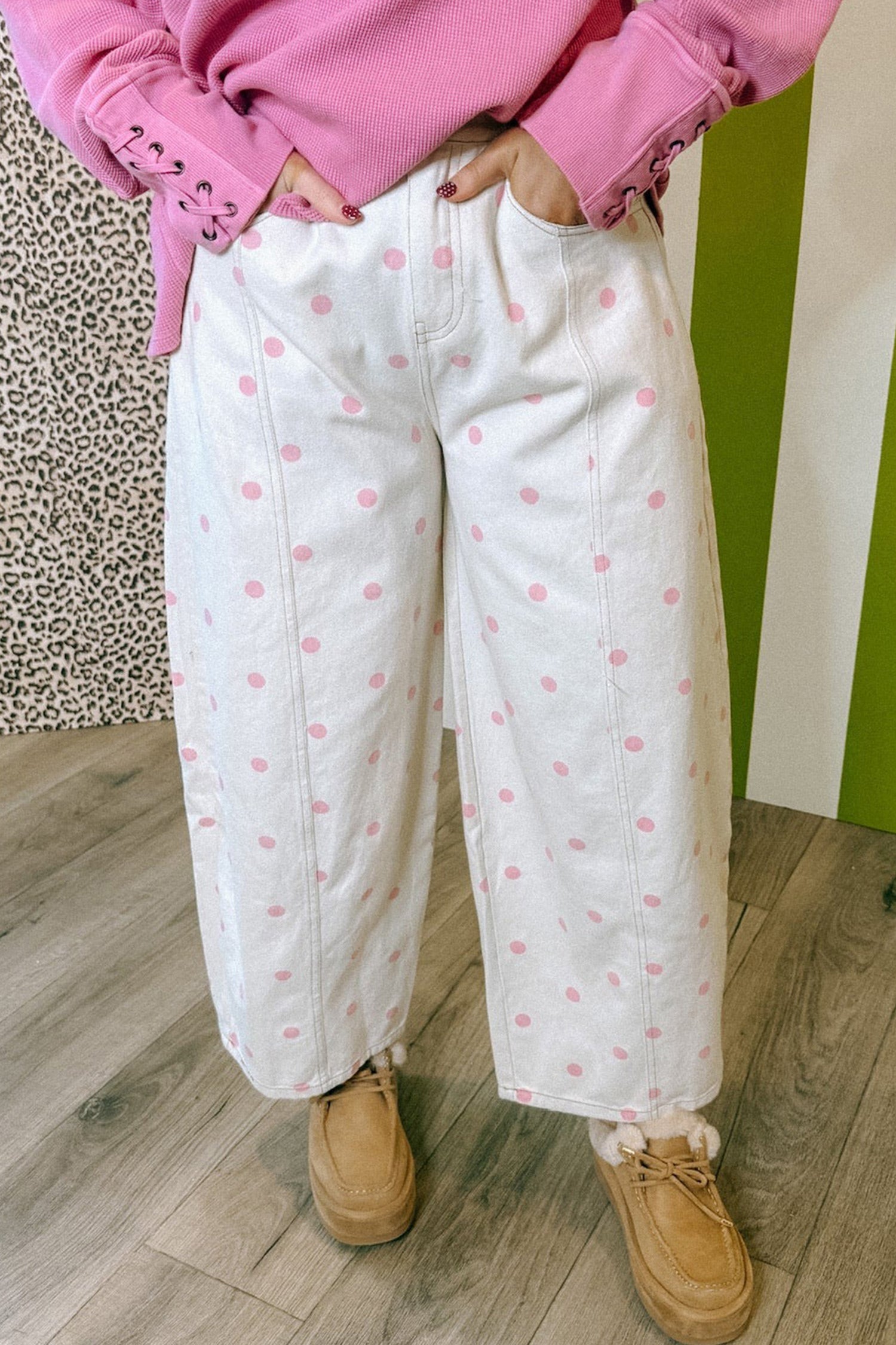 Polka Dot Ankle Length Regular Fit Casual Jeans | Blue & Pink