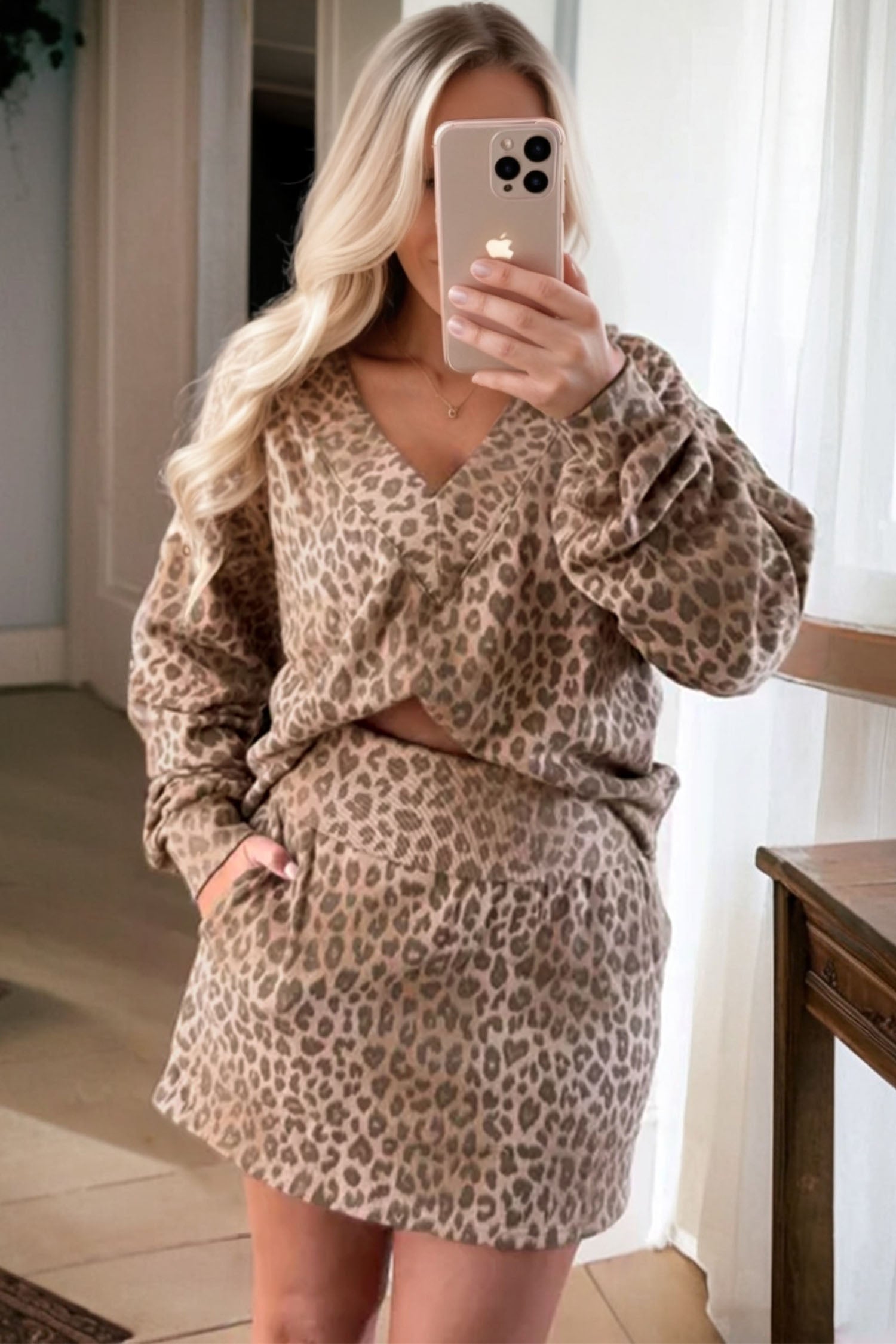 Women's Beige Leopard Print V-Neck Pullover & Mini Skirt Set Women's S-XL at LivelyLooks