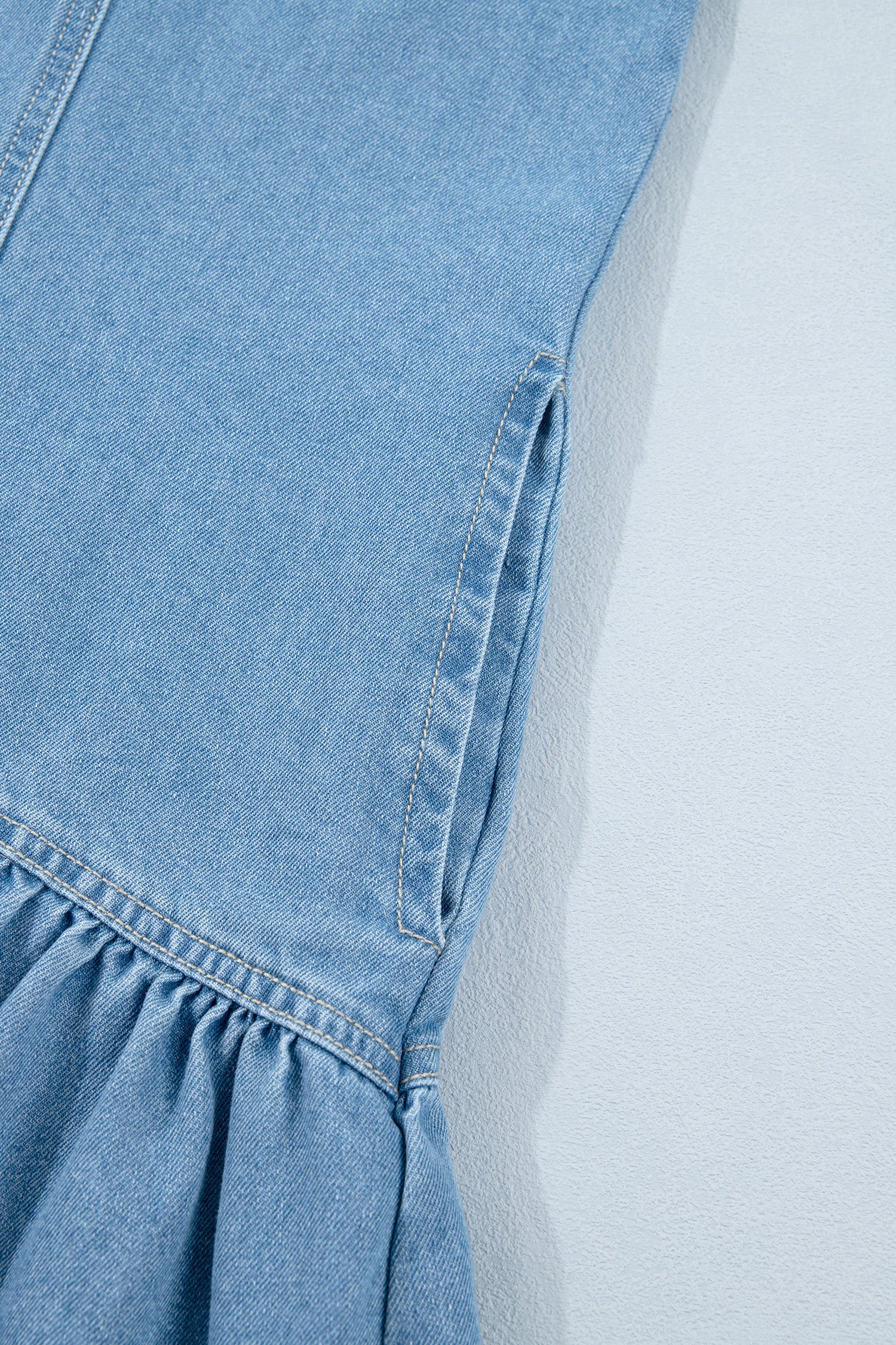 Women's Blue Patchwork Denim Mini Dress Button Down Puff Sleeve Ruffle Hem at LivelyLooks