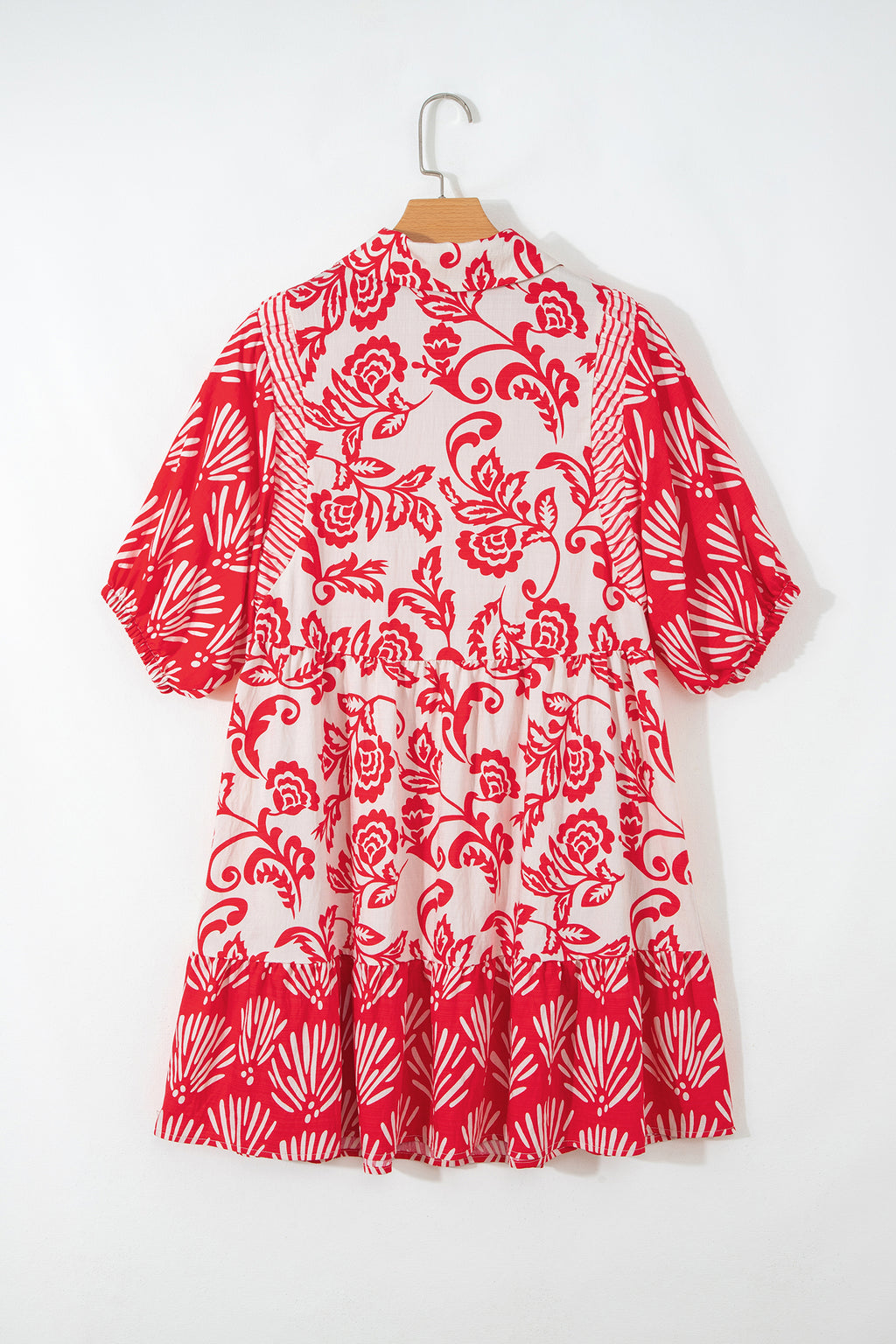 Women's Red Floral Collared V-Neck Half Sleeve Loose Mini Dress at LivelyLooks