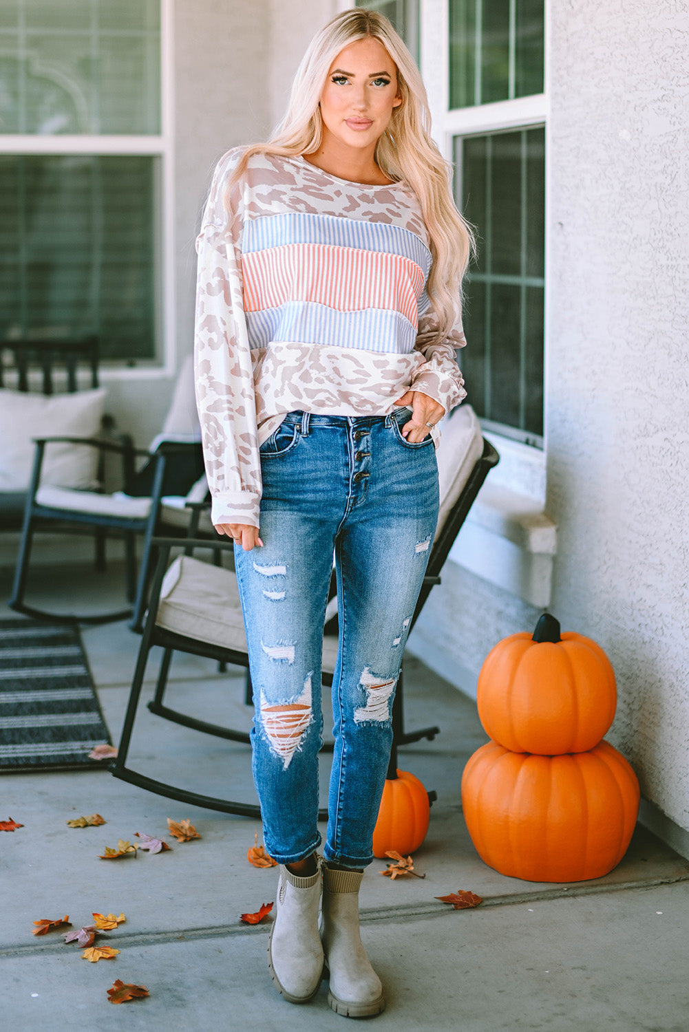 Leopard Print Puff Sleeve Knit Top Contrast Stripe Patchwork Women S-XL