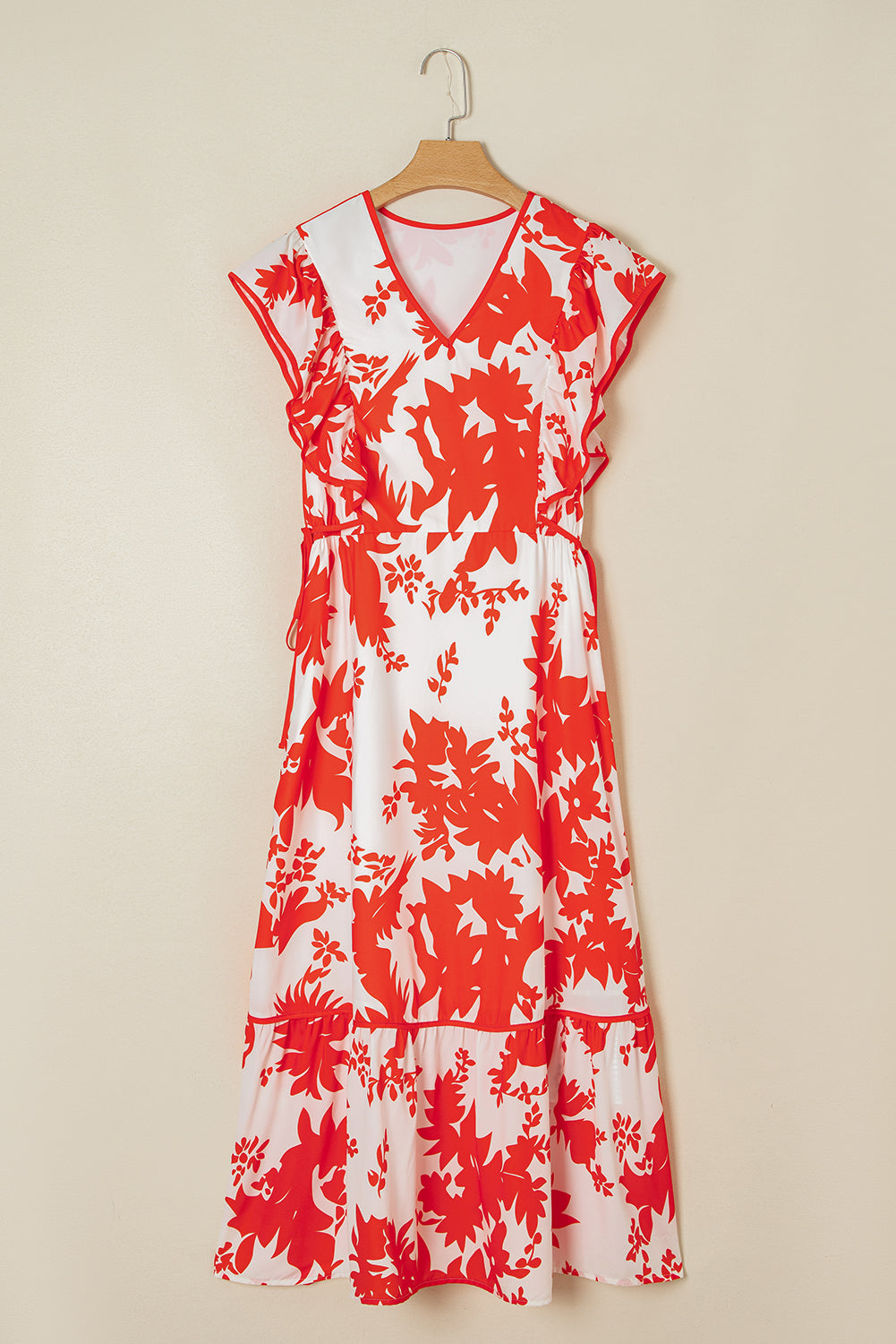 Red Floral Print Trimmed V Neck Ruffle Sleeve Long Dress S-XL