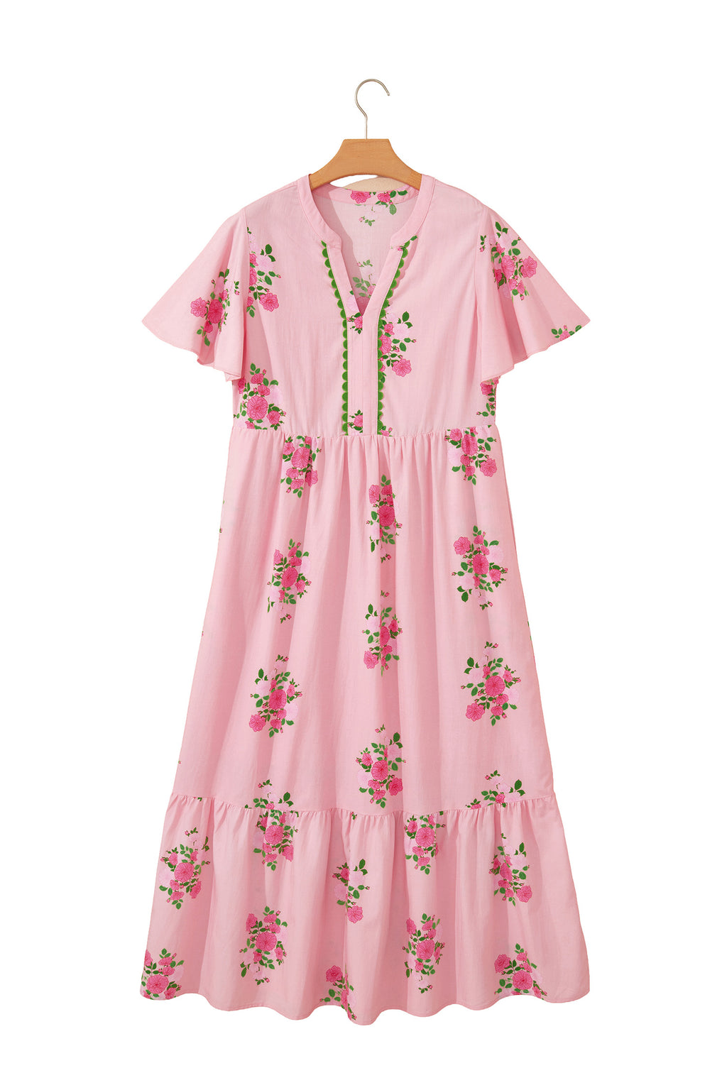 Shop Women's Floral Maxi Dress Flutter Sleeve Notched Neck Summer Holiday Pink Blue at LivelyLooks