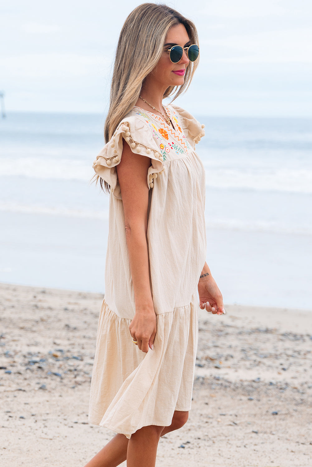 Shop Floral Embroidery Pom Pom Ruffle Sleeve Split Neck Mini Dress | S-XL at LivelyLooks