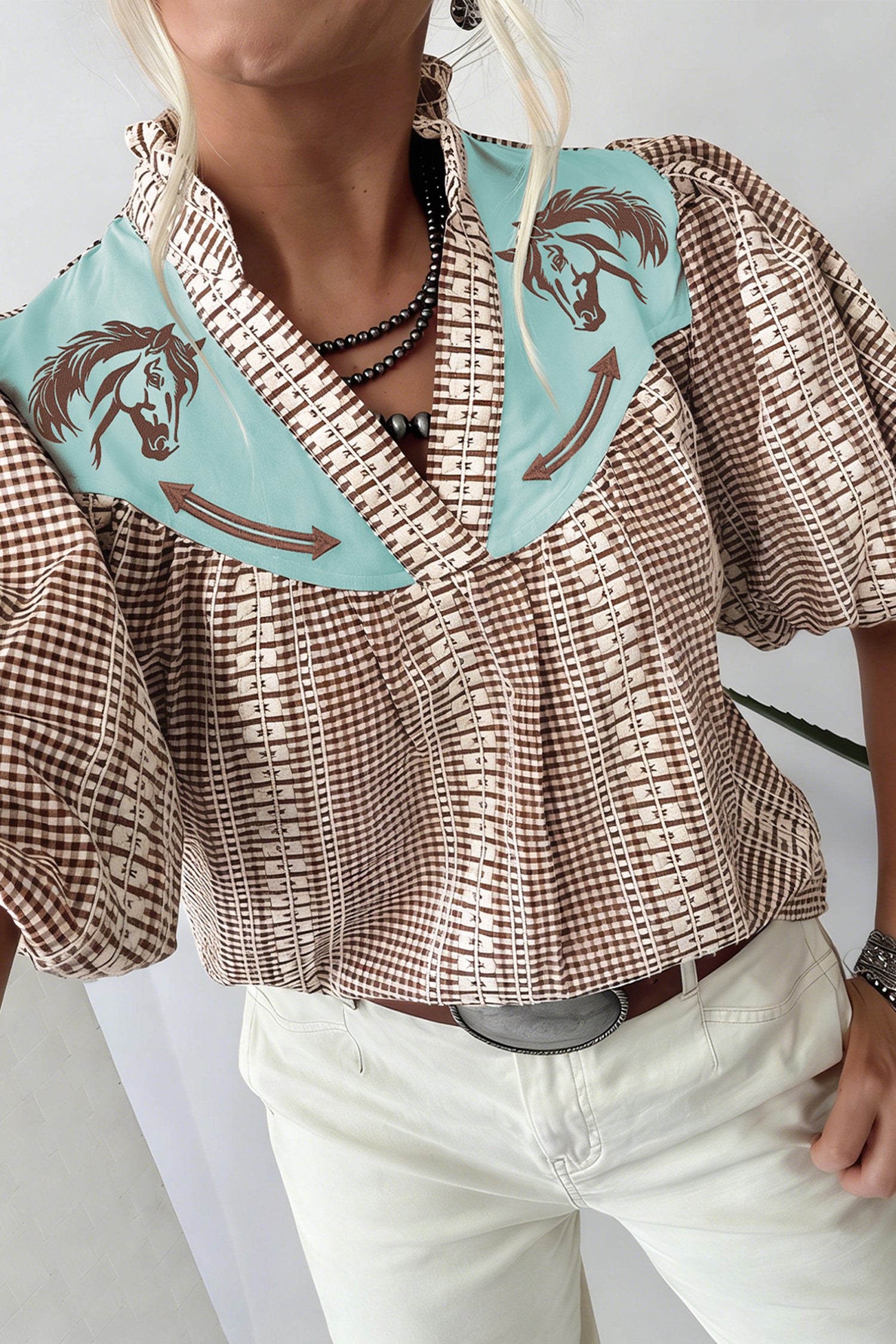 Red Brown Western Gingham Blouse Pony Embroidered Puff Sleeve S-XL