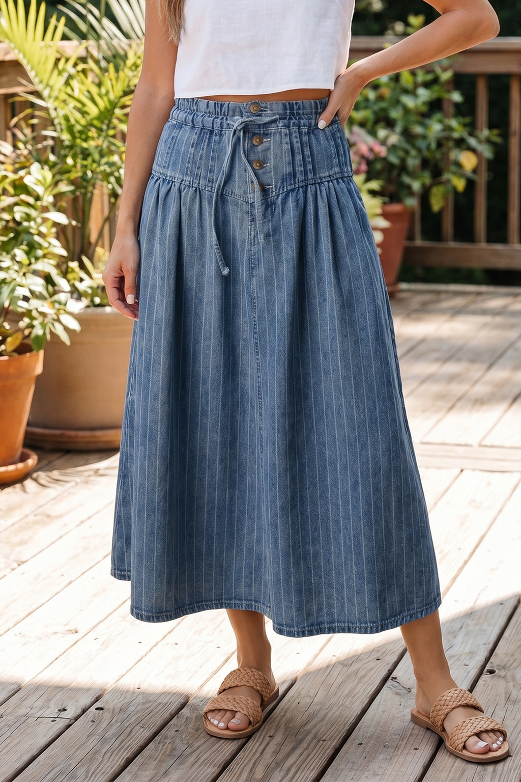 Sky Blue Stripe Pintuck High Waist Drawstring Denim Midi Skirt