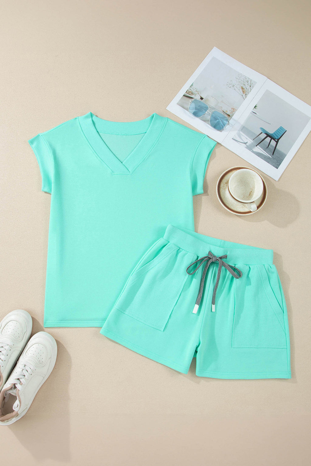 LivelyLooks Women's V-Neck Short Sleeve Top & Drawstring Shorts Set Pink Green S-XL women's fashion