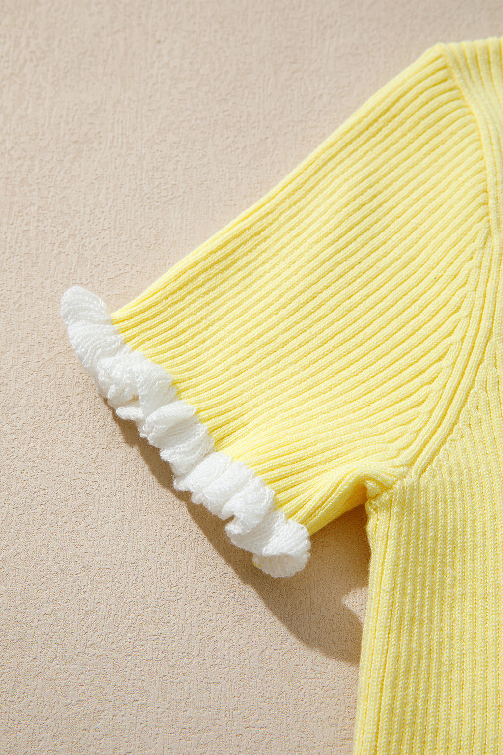 Yellow Ribbed Knit Contrast Trim Frilled Short Sleeve Cardigan