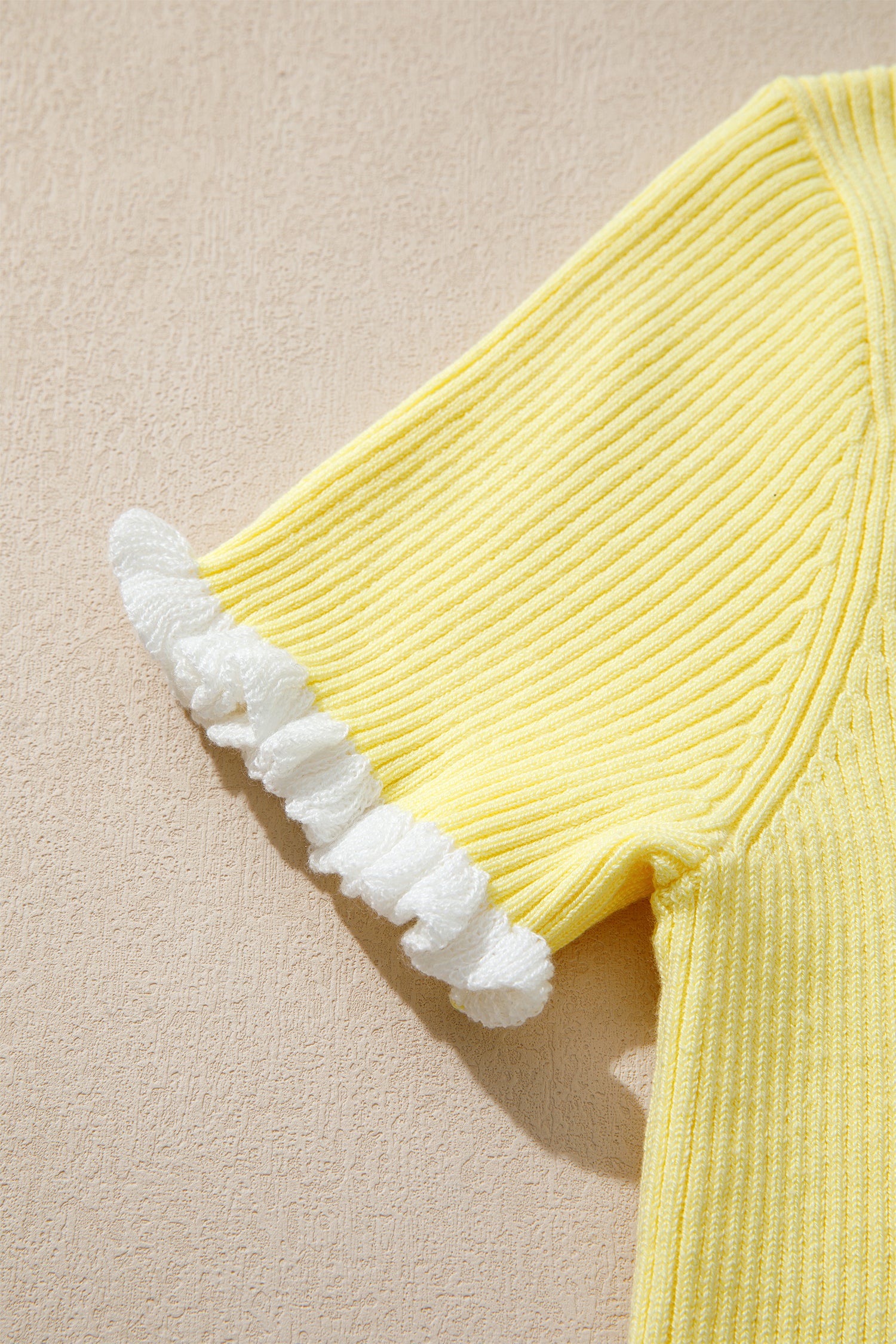 Yellow Ribbed Knit Contrast Trim Frilled Short Sleeve Cardigan