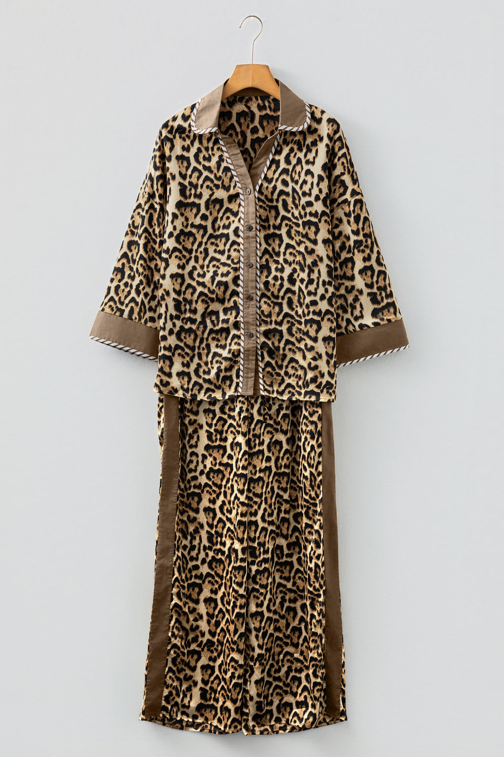 Brown Leopard Collared 3/4 Sleeve Shirt & Loose Pants Two Piece Set | UK 8–22
