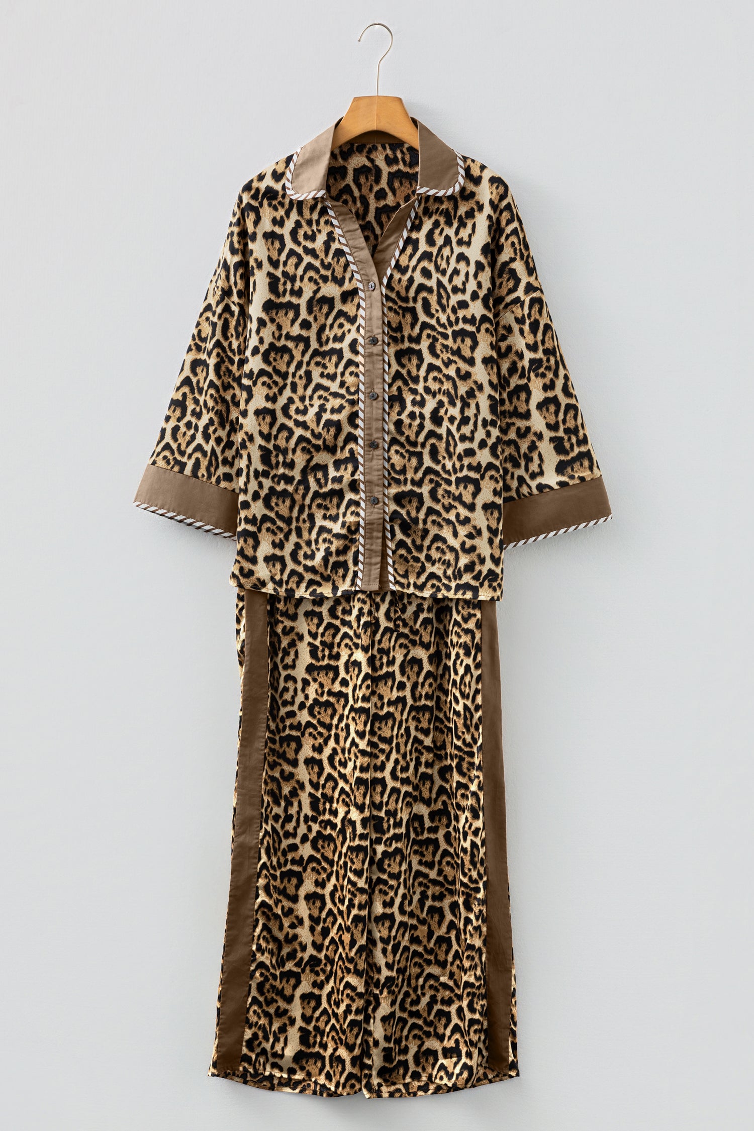 Brown Leopard Collared 3/4 Sleeve Shirt & Loose Pants Two Piece Set | UK 8–22