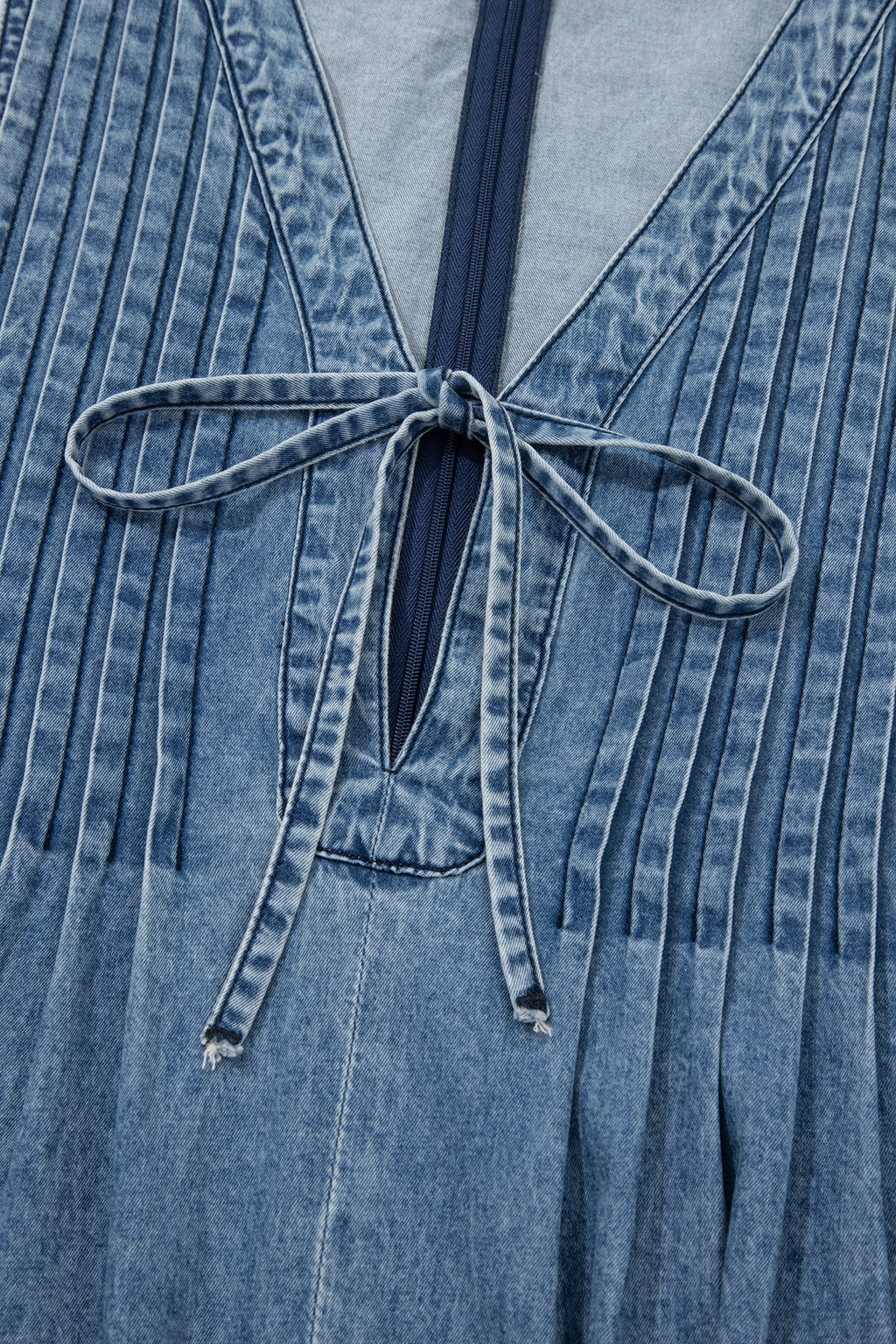 Women's Dusk Blue Acid Wash Pintuck Tie V-Neck Denim Wide-Leg Jumpsuit | S-XL at LivelyLooks