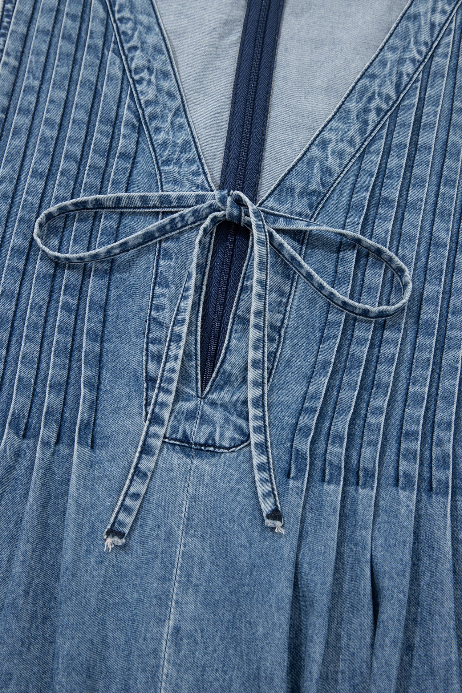 Women's Dusk Blue Acid Wash Pintuck Tie V-Neck Denim Wide-Leg Jumpsuit | S-XL at LivelyLooks