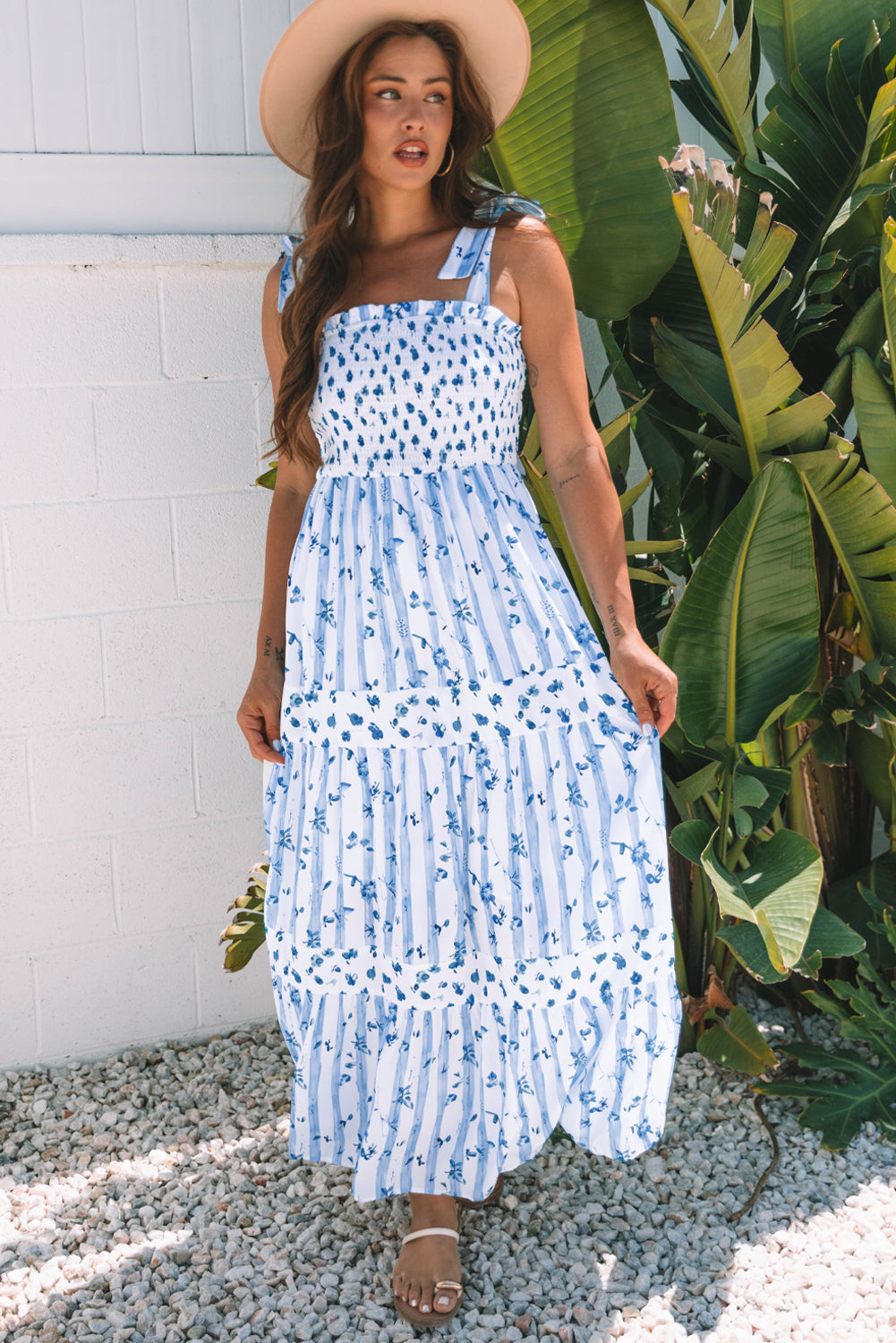 Women's Blue Floral Smocked Tied Straps A-Line Tiered Maxi Dress S-XL at LivelyLooks