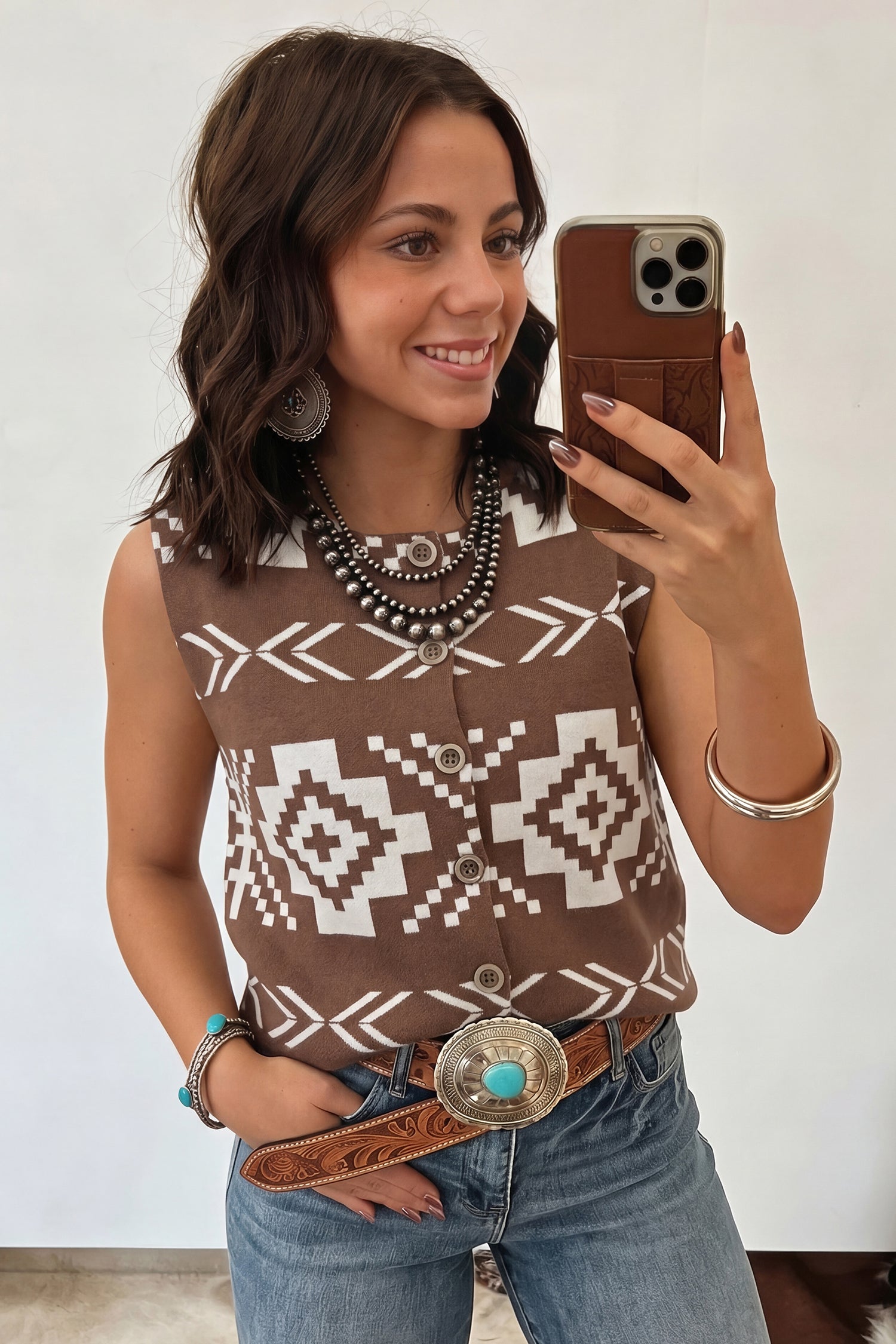 Brown Aztec Print Sleeveless Sweater Vest Round Neck S-XL