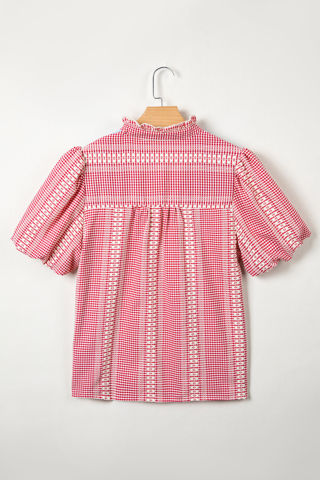 Red Brown Western Gingham Blouse Pony Embroidered Puff Sleeve S-XL
