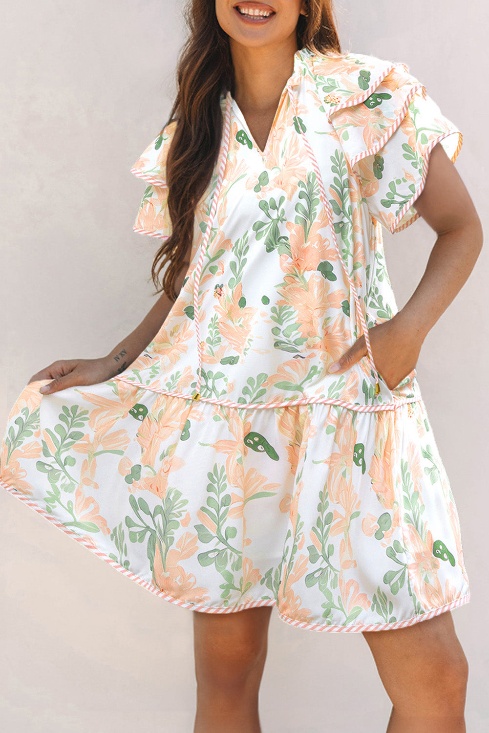 Floral Contrast Edge Layered Sleeve Mini Dress | Sky Blue & Pink