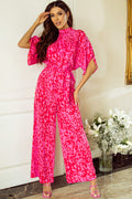 Women's Rose Leopard Print Belted Wide Leg Jumpsuit at LivelyLooks