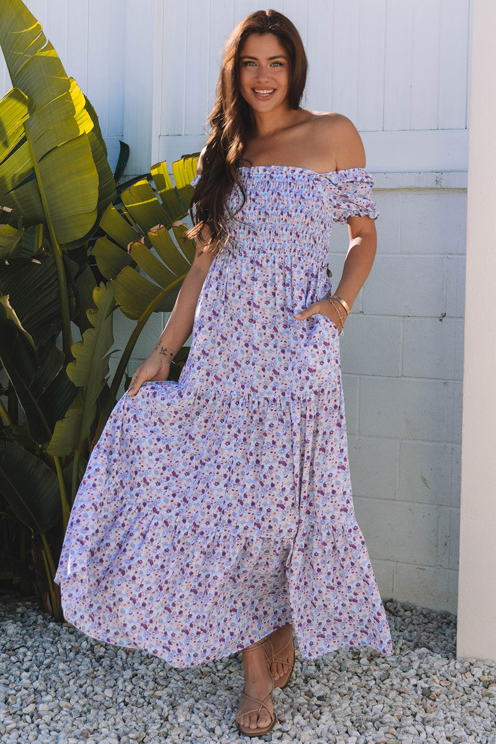 LivelyLooks Floral Bubble Sleeve Shirred High Waist Maxi Dress Purple Square Neck S-XL women's fashion