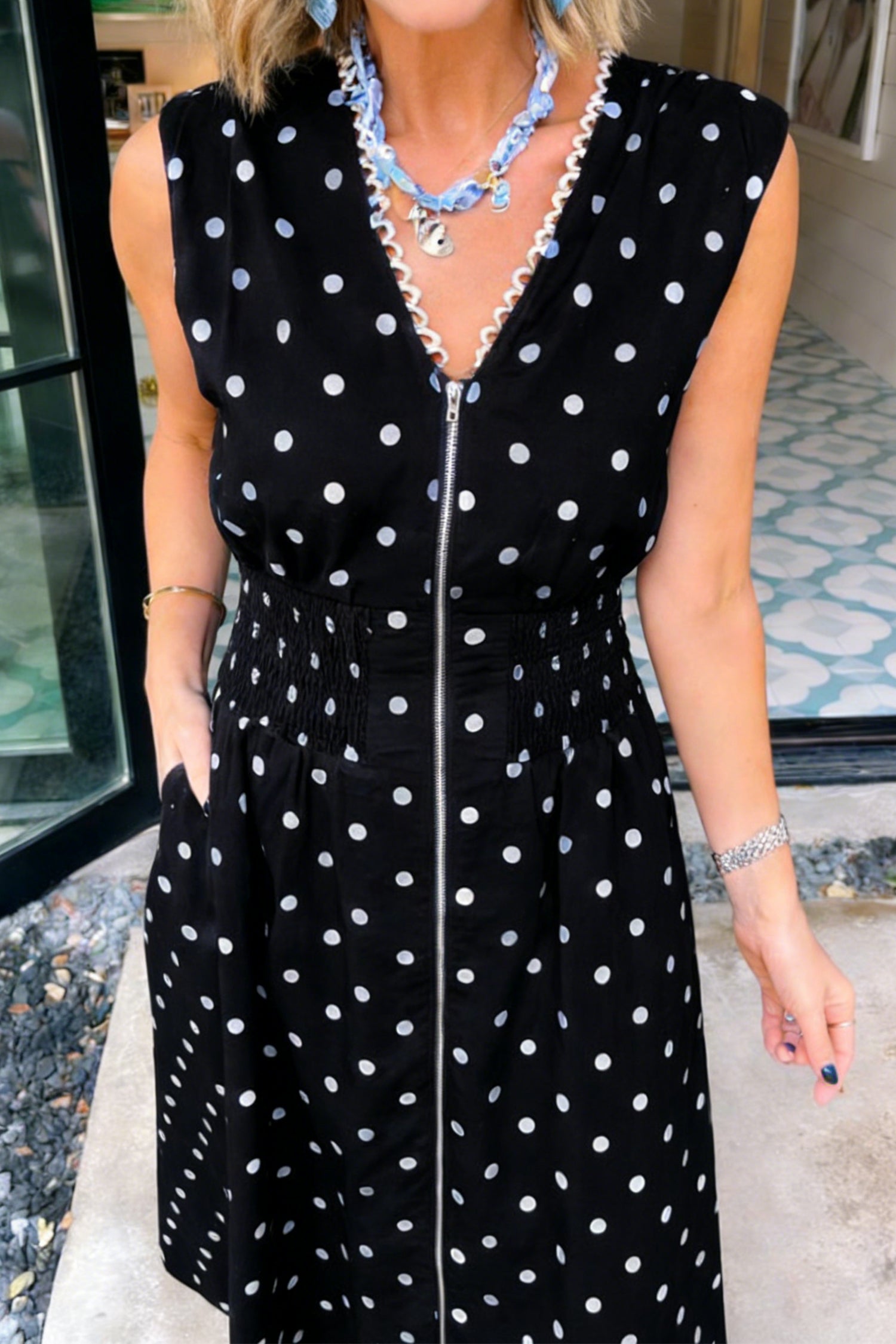 Brown & Black Polka Dot Contrast Trim V Neck Zip Up Sleeveless Dress S-XL