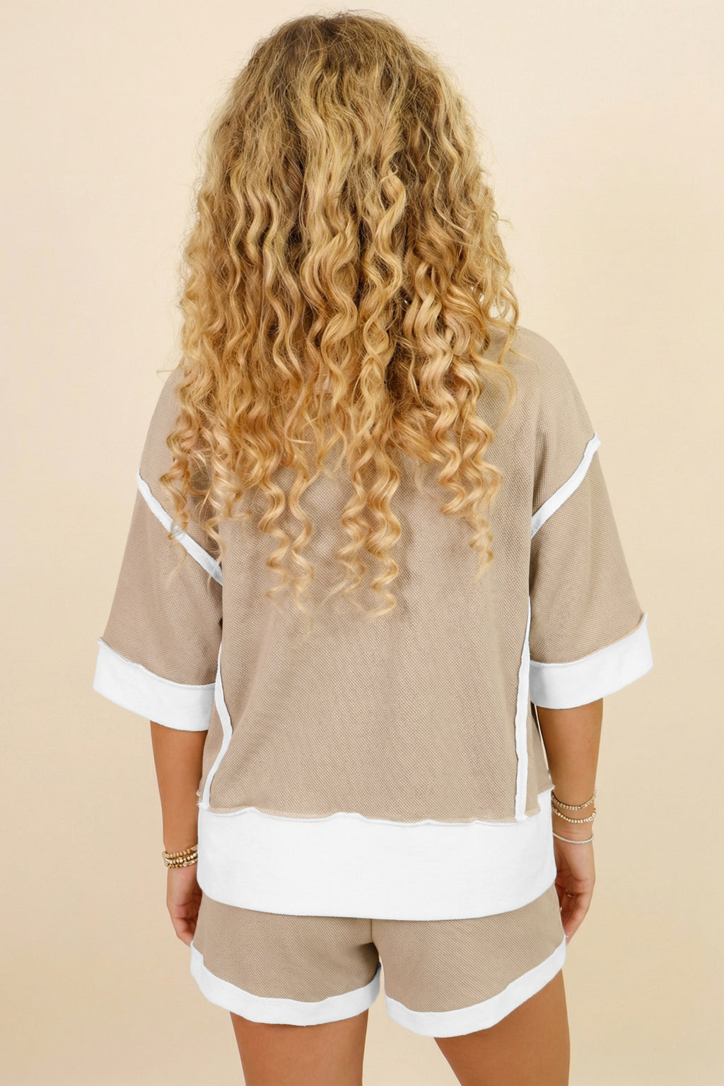 Beige Raw Edge Colour Block Oversized Tee & Drawstring Shorts Co-ord Set