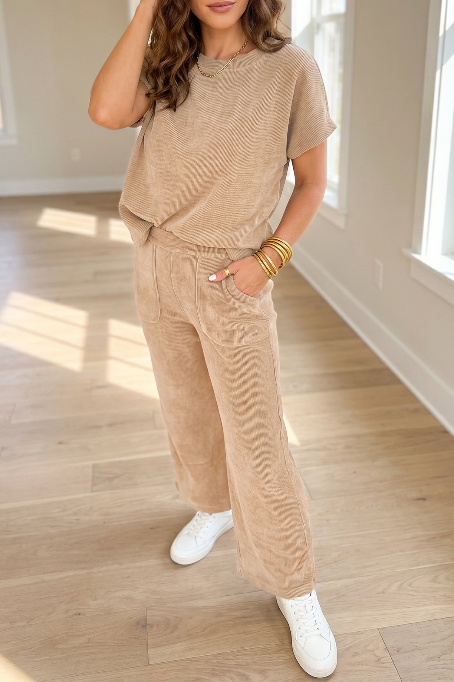 Beige Ribbed Short Sleeve Top & Casual Trousers Set | Sizes 8-22