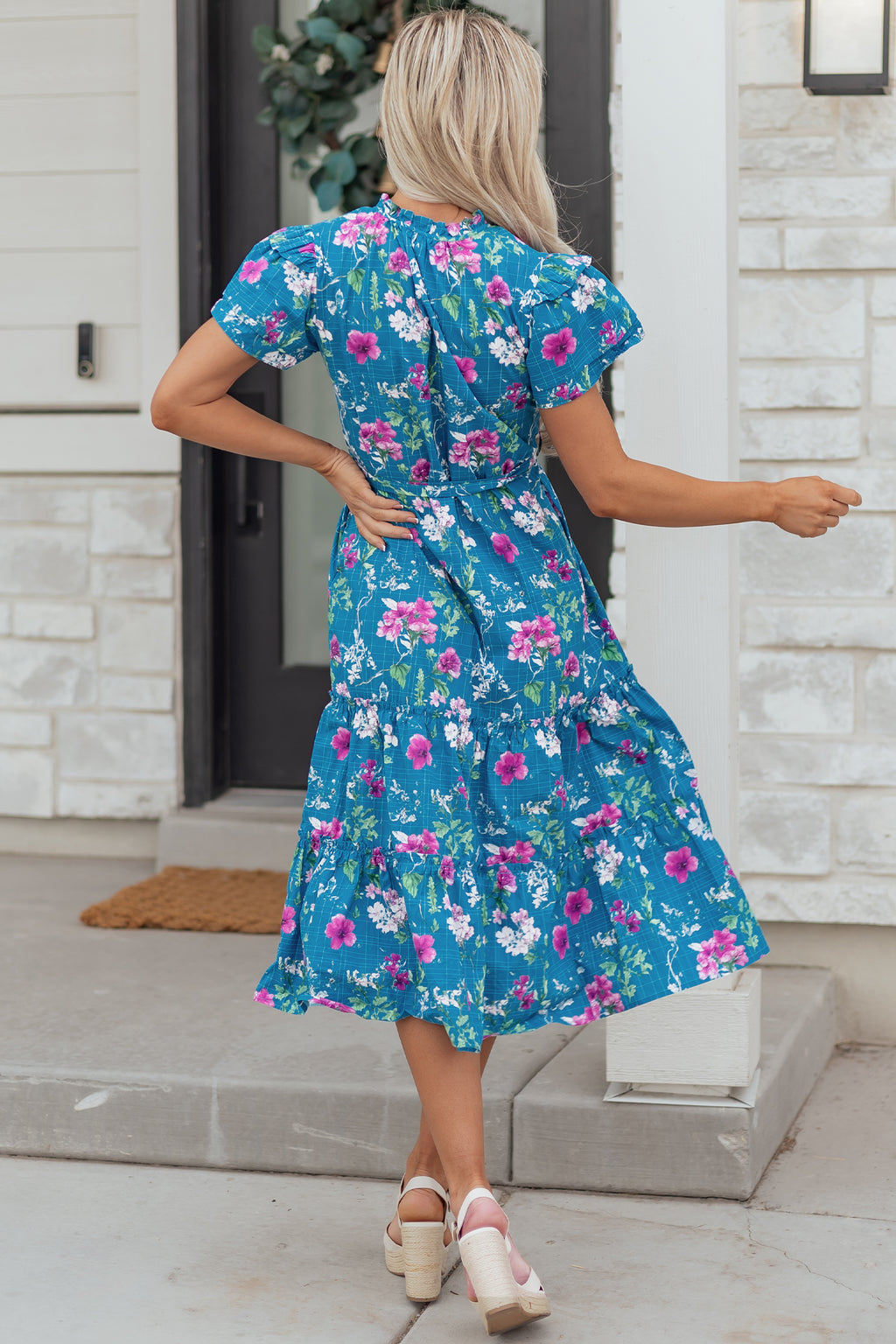 Blue Floral Flutter Sleeve Button Tie Split Neck Belted Long Dress S-XL