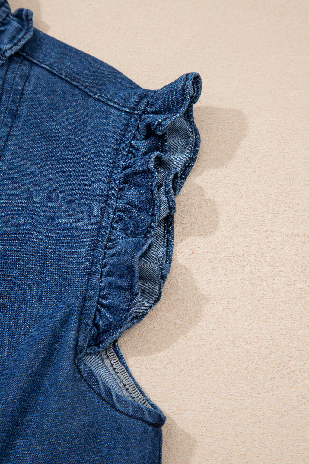 Sail Blue Ruffled Collar Shift Denim Dress with Pockets