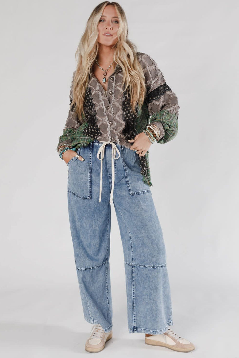 Shop Ashleigh Blue Acid Wash Exposed Seam Drawstring Elastic Waist Barrel Jeans at LivelyLooks