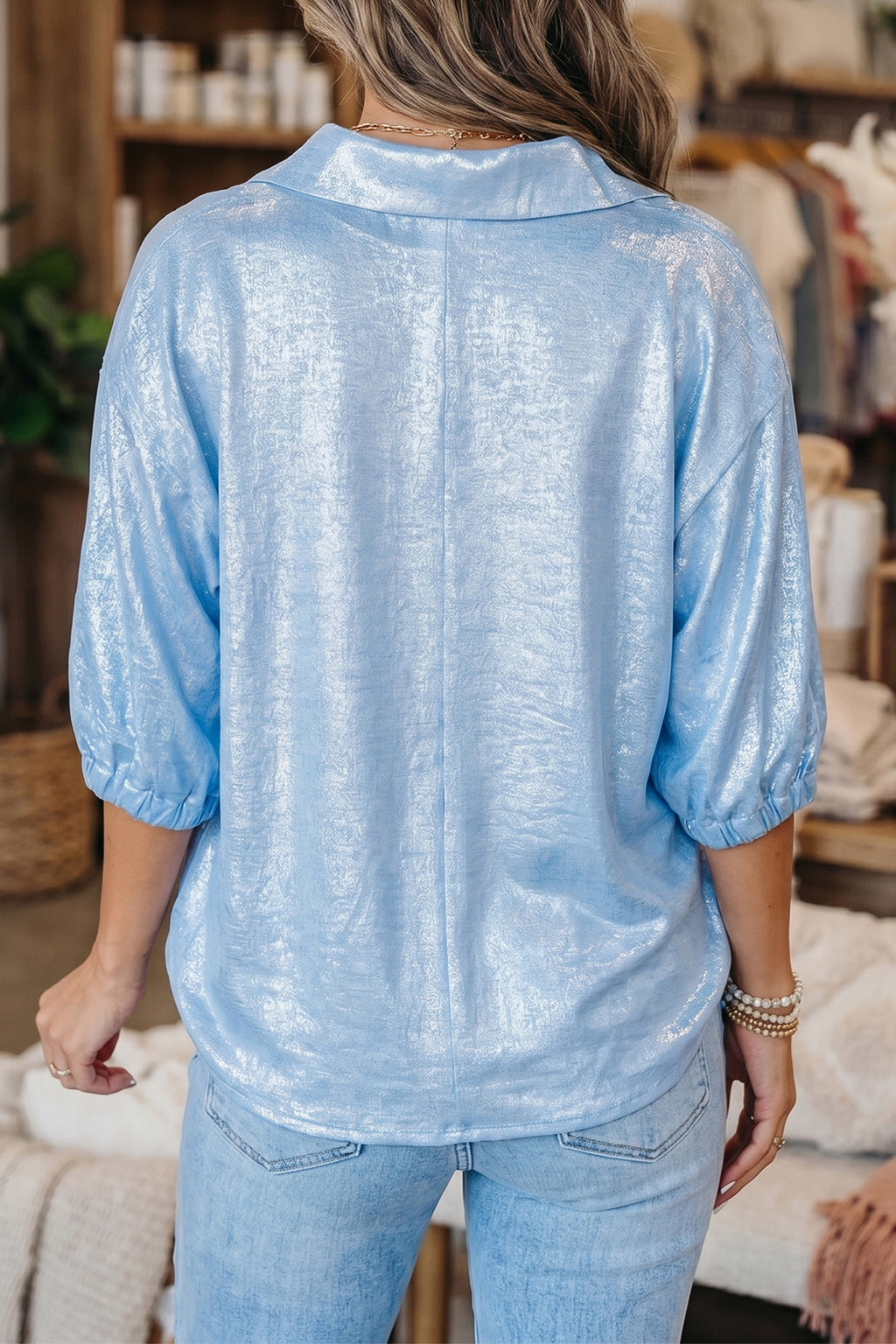 Aqua Metallic Shimmer Collared V Neck Half Sleeve Top
