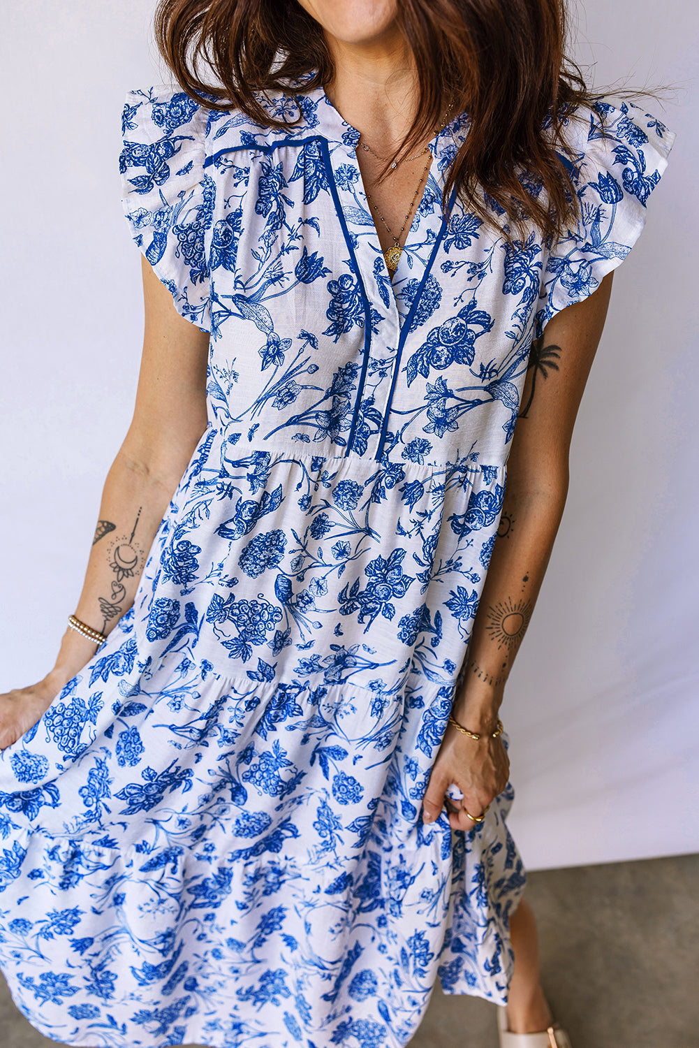 Women's Blue Ruffled Short Sleeve Tiered Floral Midi Dress at LivelyLooks