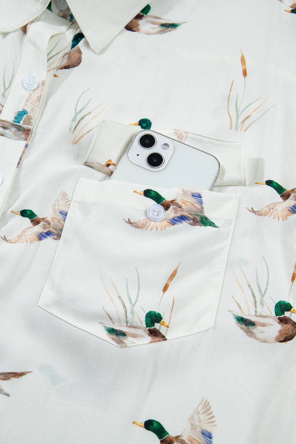 White Mallard Print Button Flap Pocket Short Sleeve Shirt | UK 8–22