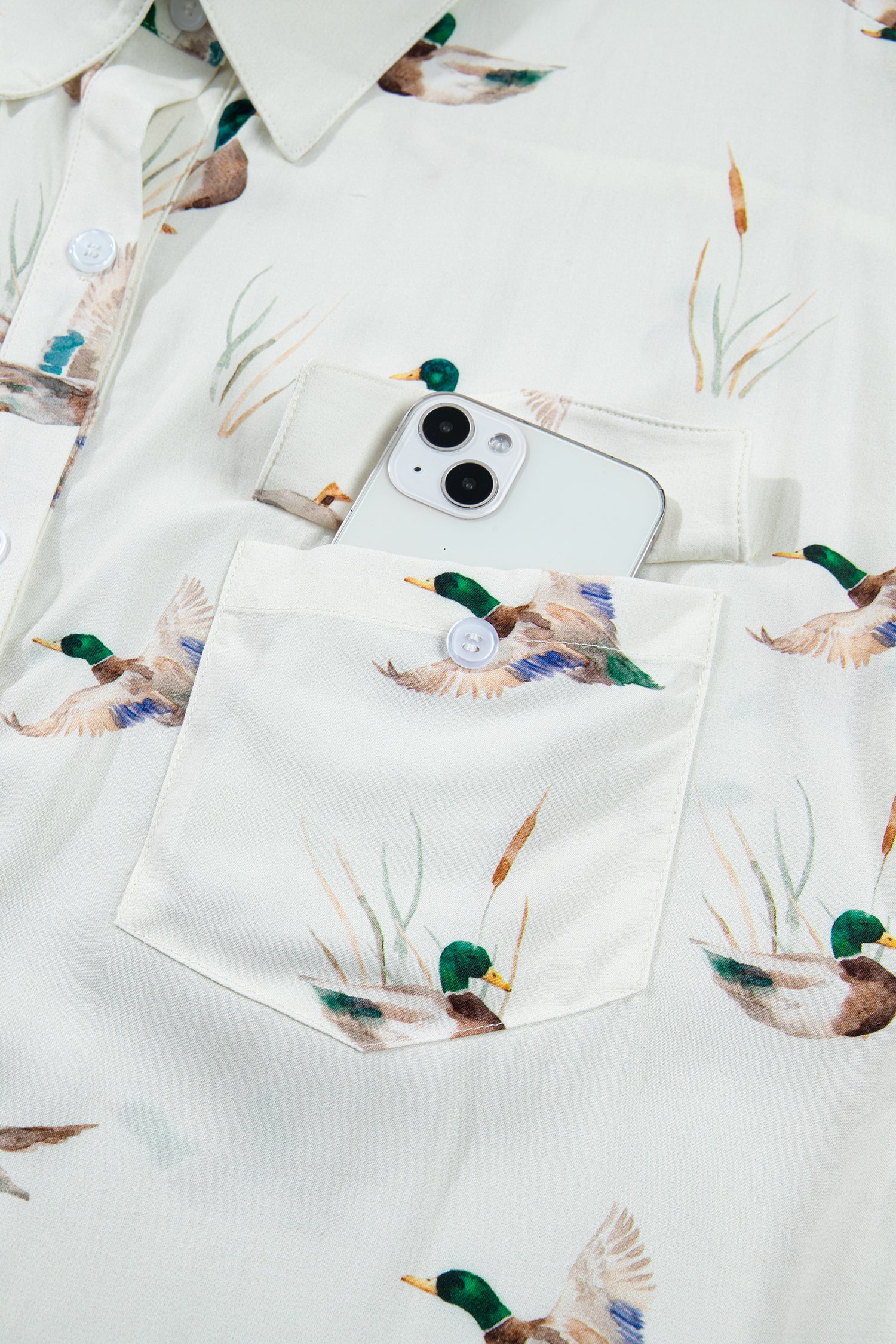 White Mallard Print Button Flap Pocket Short Sleeve Shirt | UK 8–22