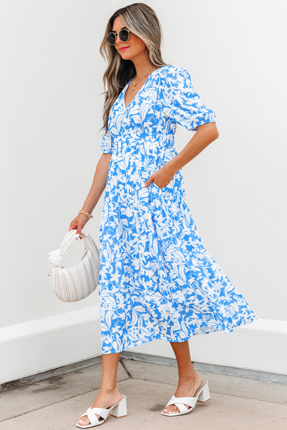 LivelyLooks Blue Floral V-Neck Puff Sleeve Fit & Flare Maxi Dress women's fashion